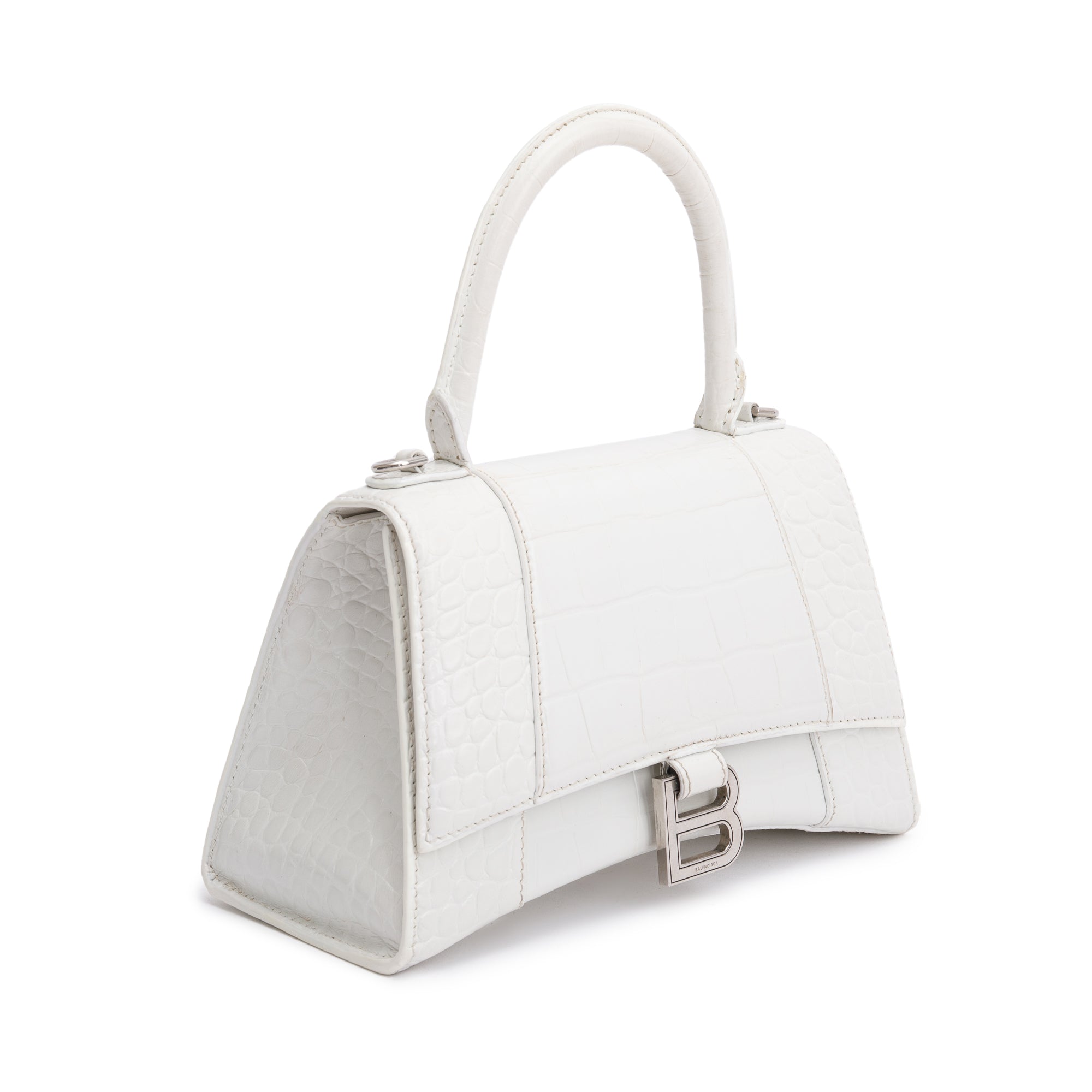 Balenciaga White Croc Embossed Leather Small Hourglass Top Handle Bag w/ Strap