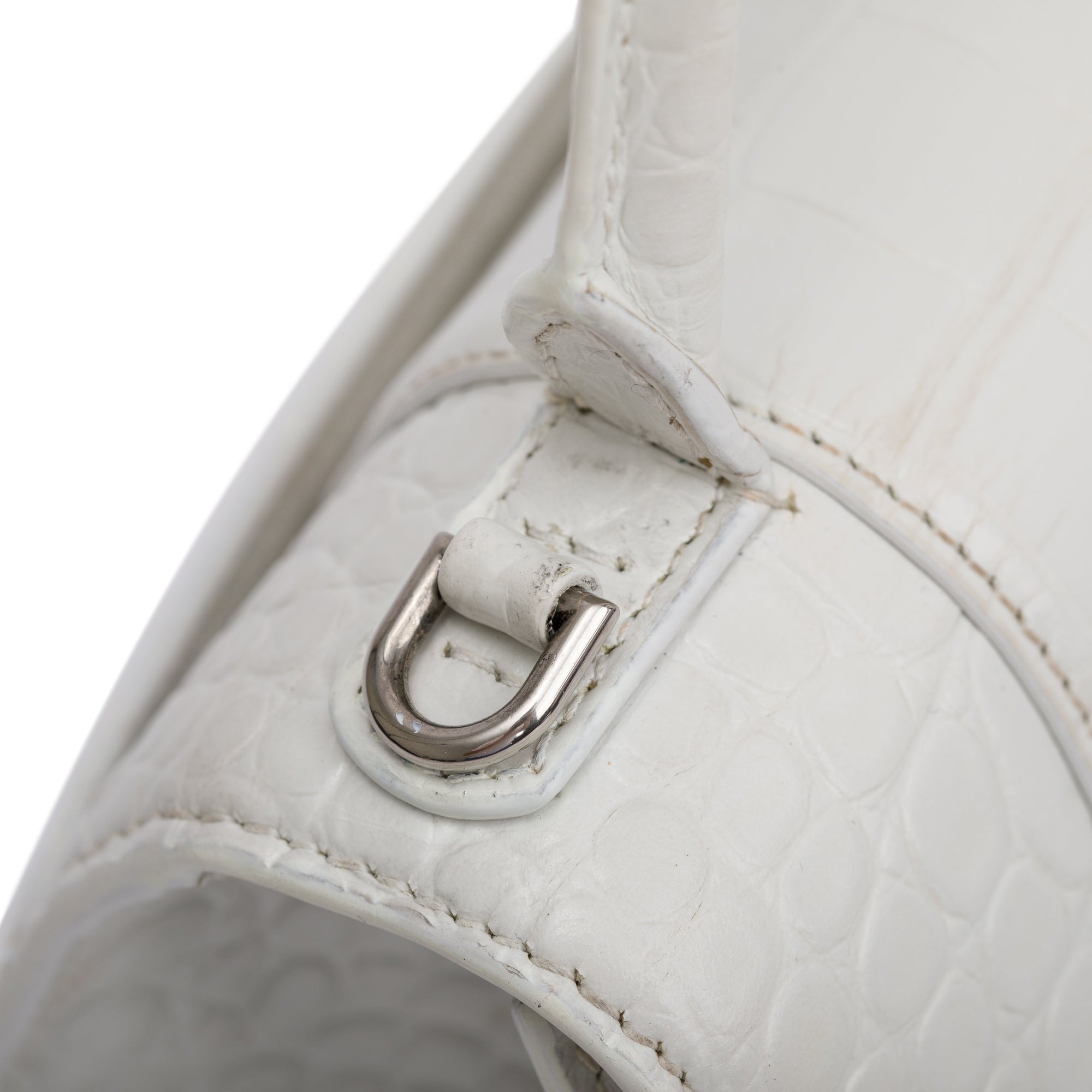 Balenciaga White Croc Embossed Leather Small Hourglass Top Handle Bag w/ Strap