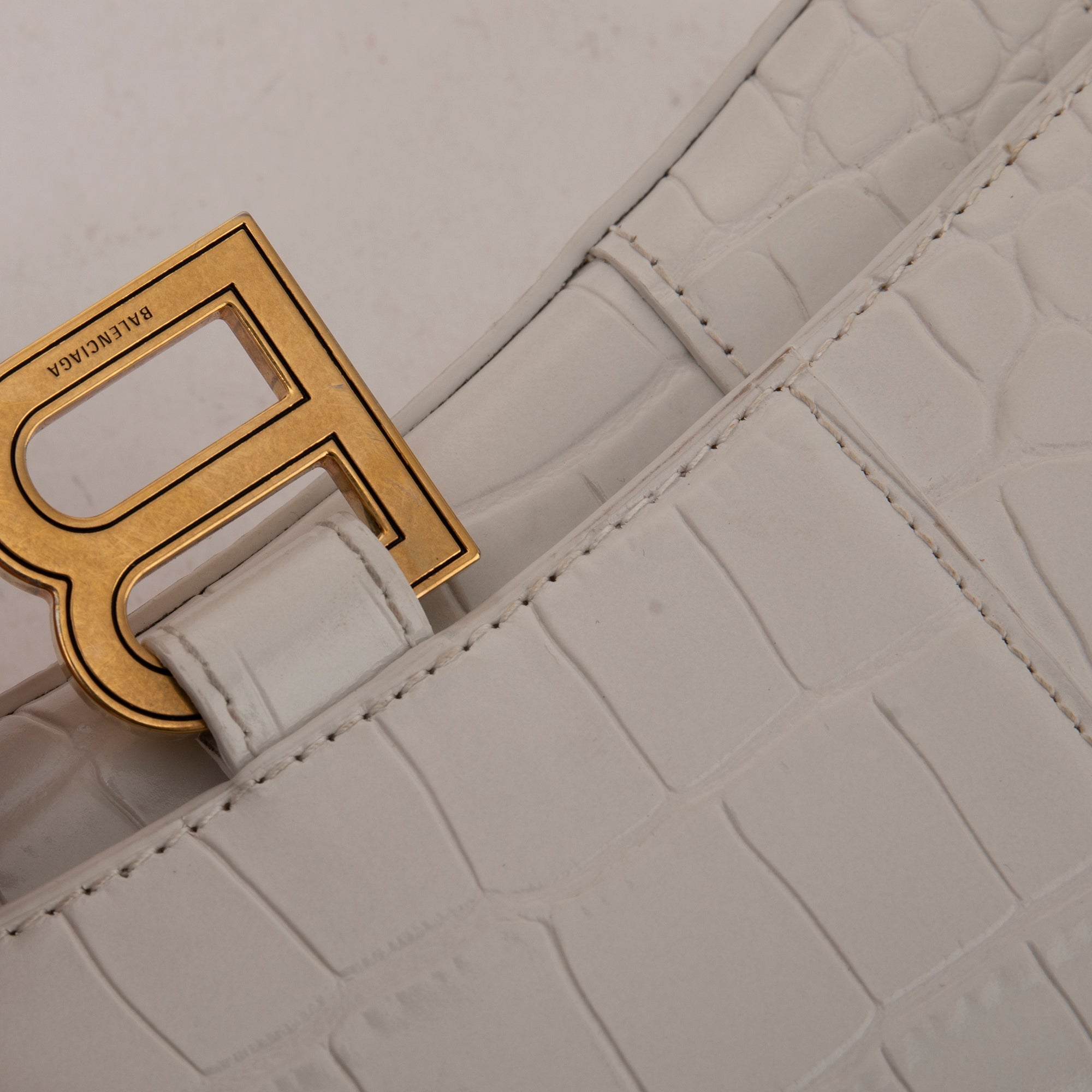 Balenciaga White Crocodile Embossed Hourglass Wallet on Chain