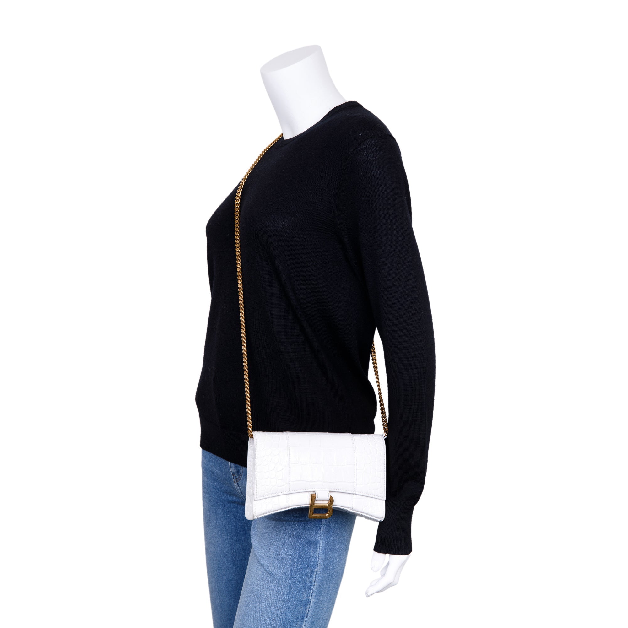 Balenciaga White Crocodile Embossed Hourglass Wallet on Chain