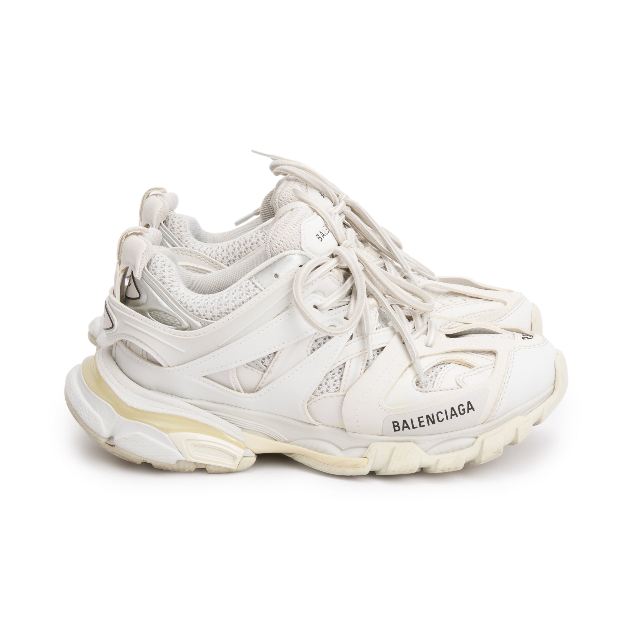 Balenciaga White Leather Fabric Mesh Track Sneakers, Size 38