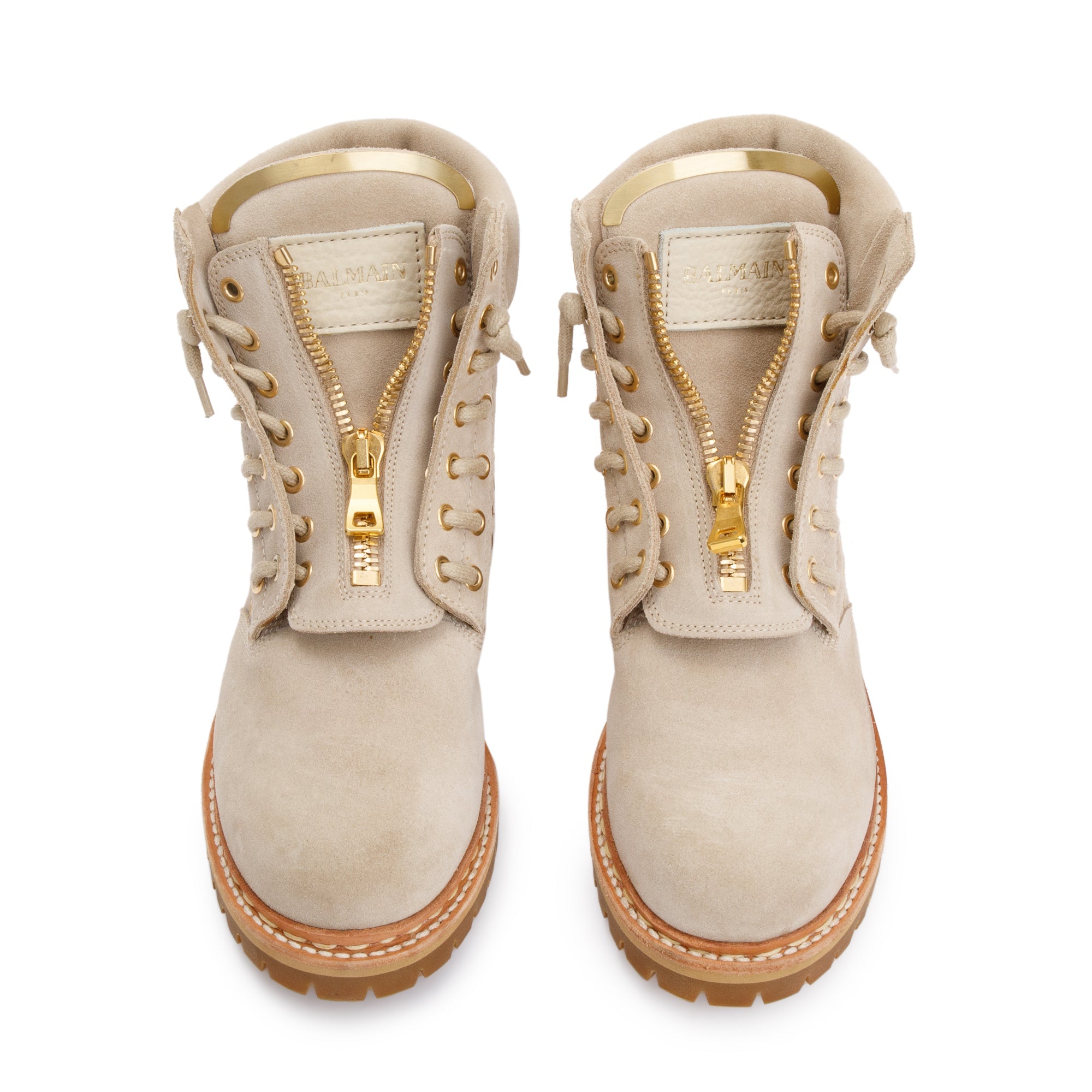 Balmain Beige Grommet Perforated Suede Tia Ranger Ankle Boots, Size 39.5 w/ Box