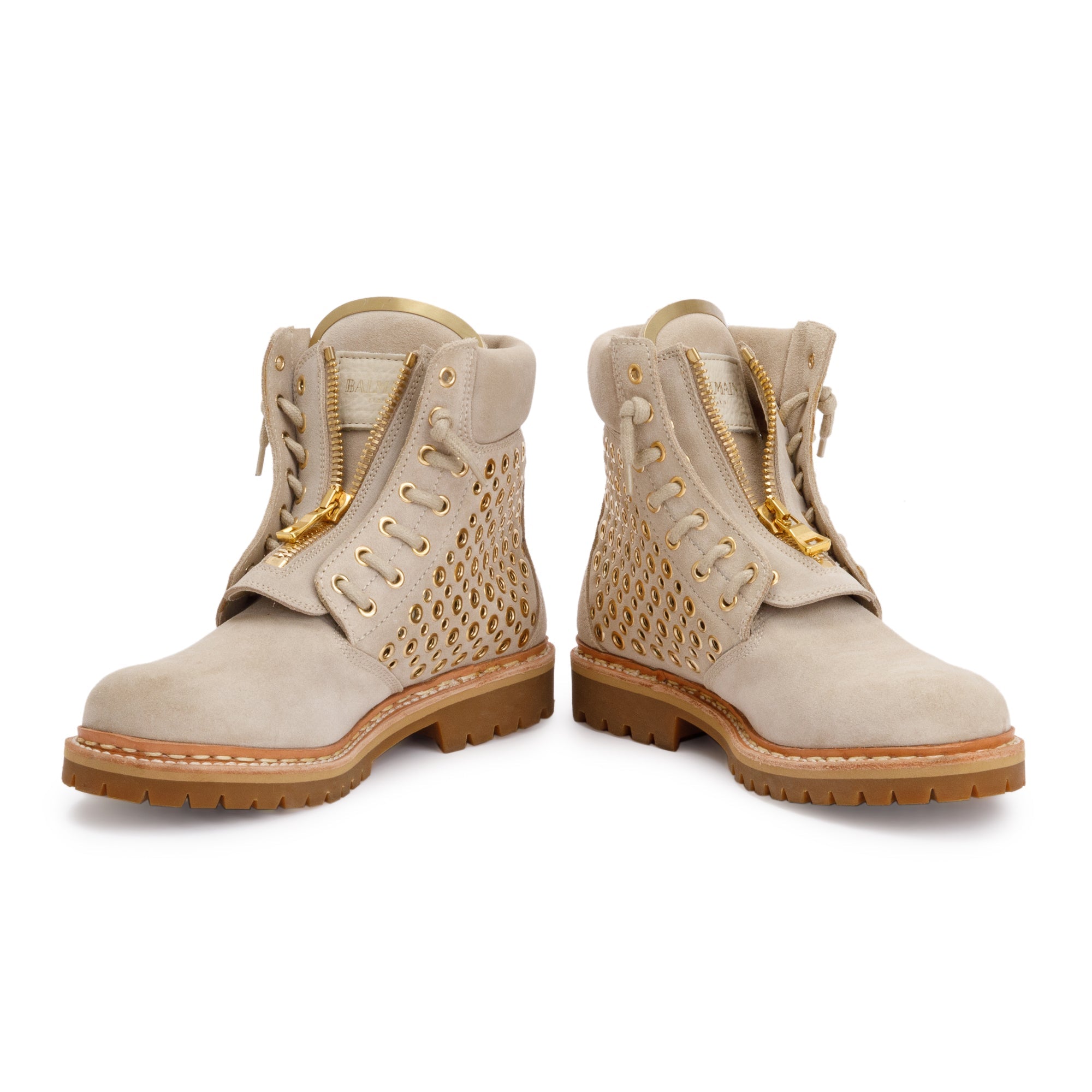 Balmain Beige Grommet Perforated Suede Tia Ranger Ankle Boots, Size 39.5 w/ Box