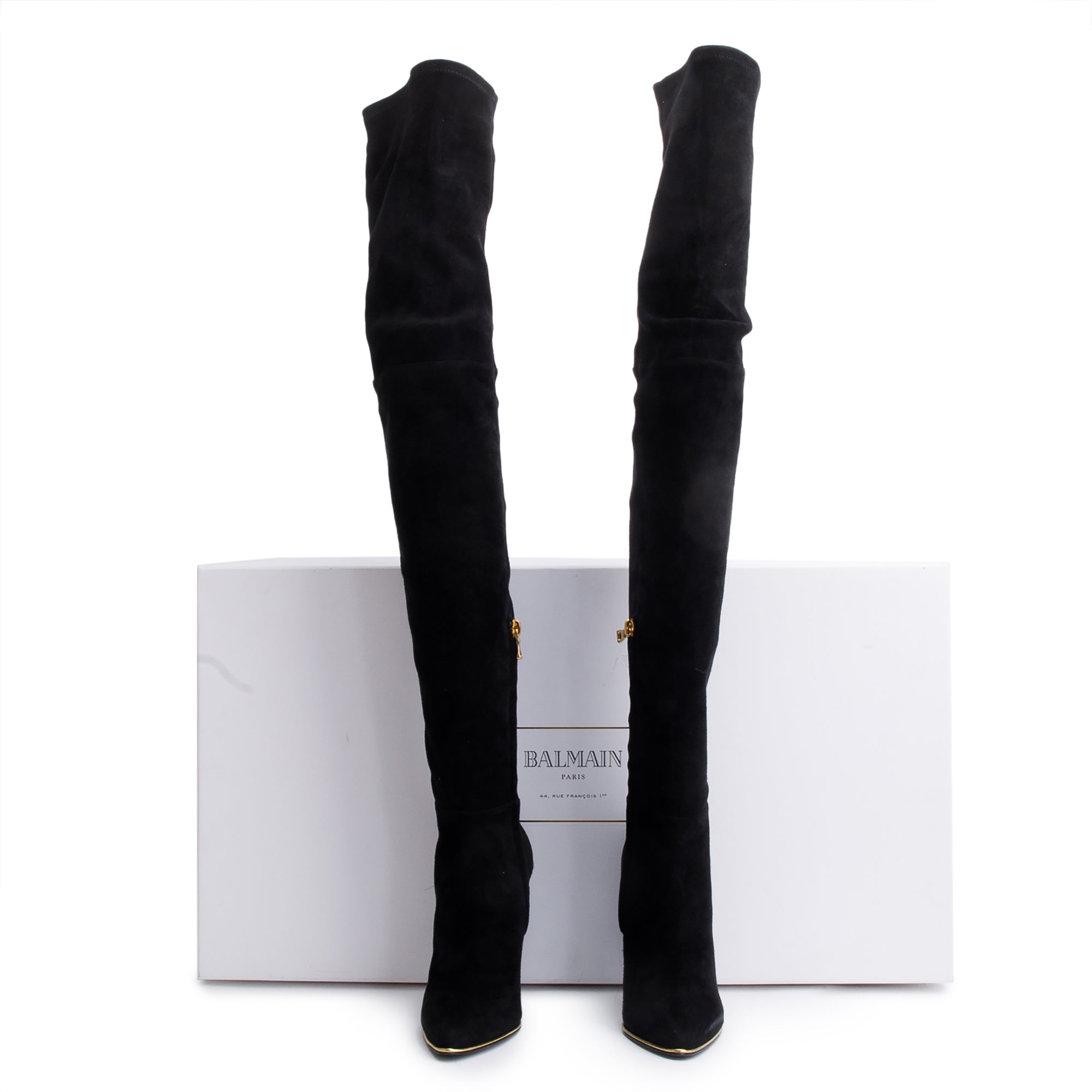 Balmain Black Suede Catherine Over-The-Knee High Heeled Boots, Size 36.5 w/ Box