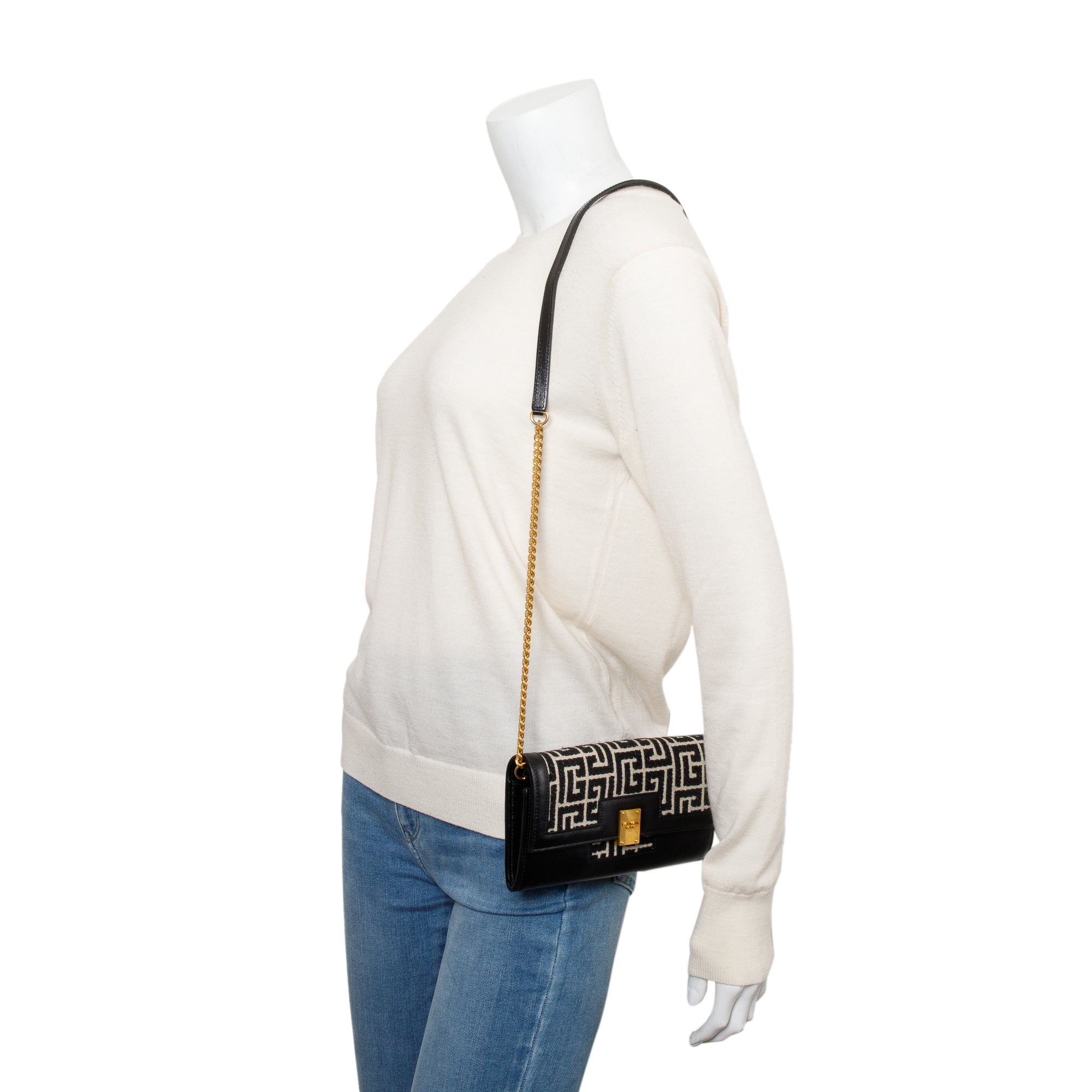 Balmain Jacquard & Black Leather 1945 Wallet on Chain