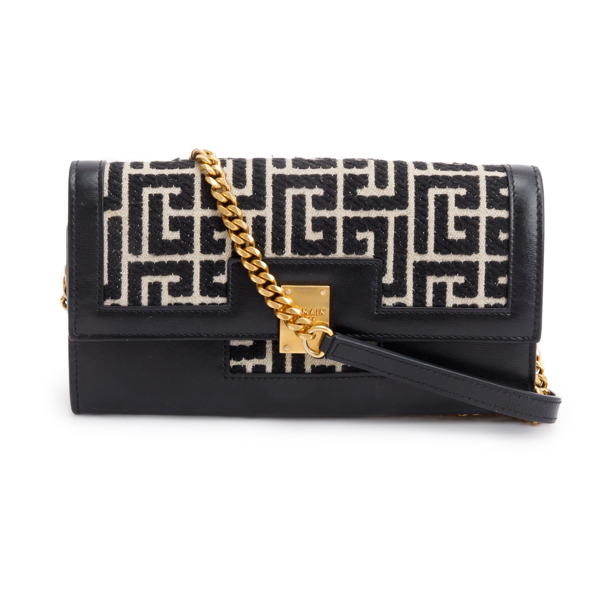 Balmain Jacquard & Black Leather 1945 Wallet on Chain