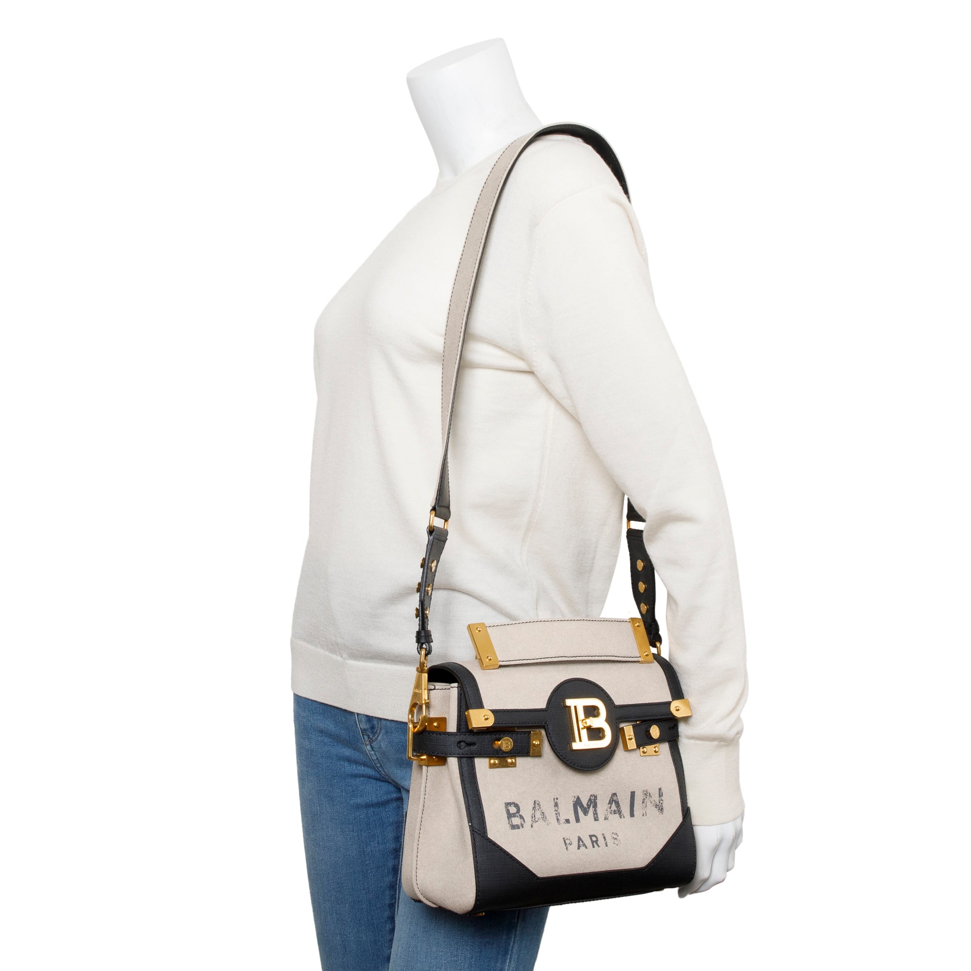 Balmain Neutral Canvas Black Leather Trimmed B-Buzz 23 Shoulder Bag w/ Strap