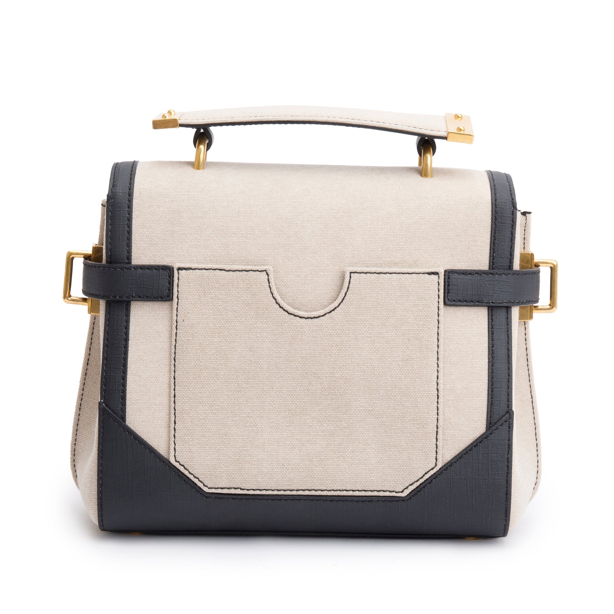 Balmain Neutral Canvas Black Leather Trimmed B-Buzz 23 Shoulder Bag w/ Strap