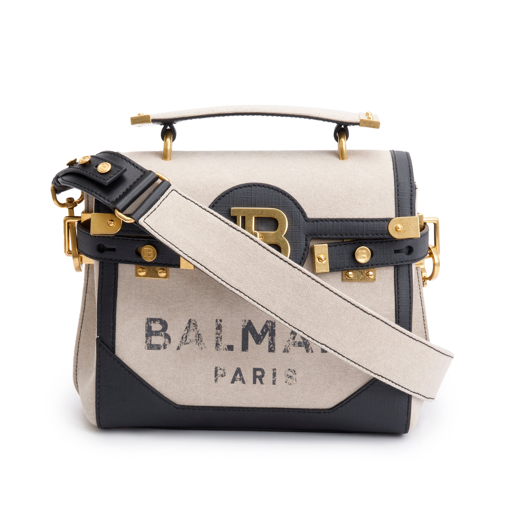 Balmain Neutral Canvas Black Leather Trimmed B-Buzz 23 Shoulder Bag w/ Strap