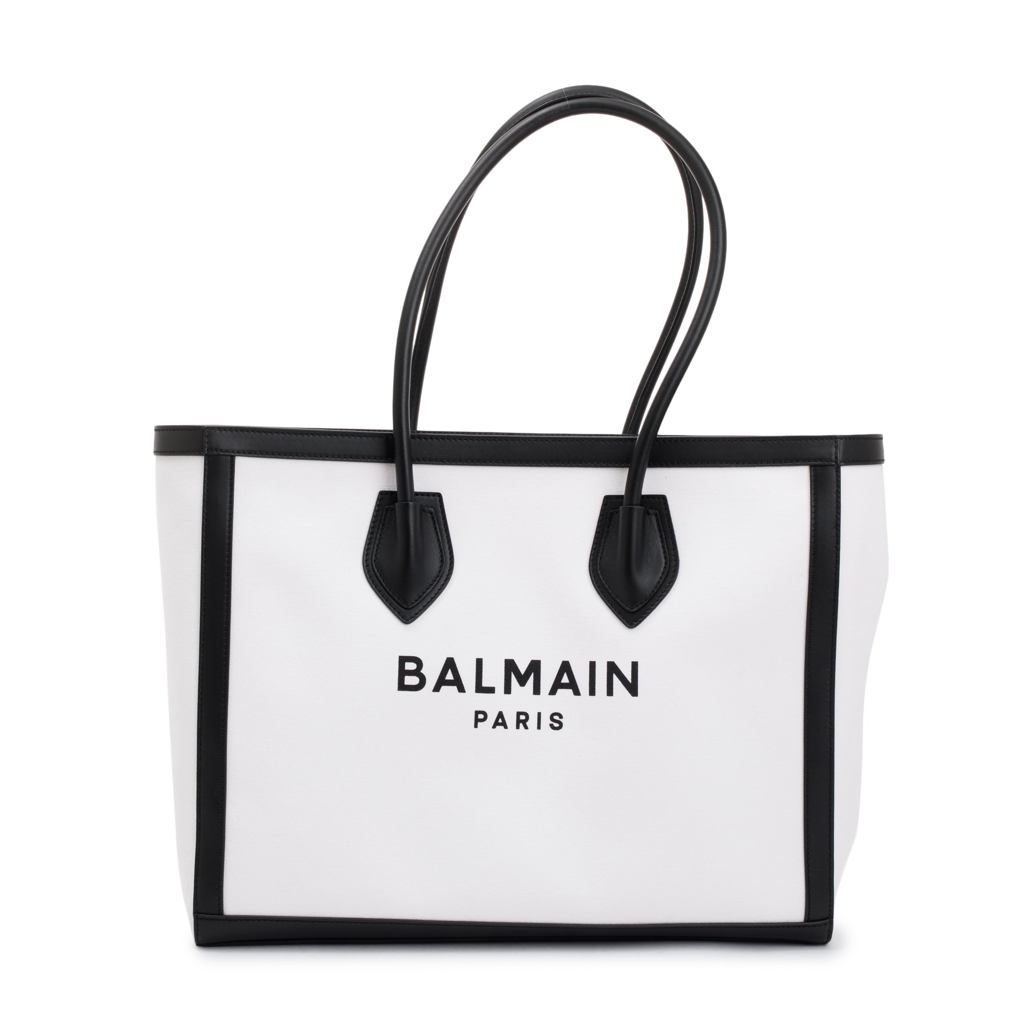 Balmain White Canvas Black Leather Trimmed B-Army 42 Logo Tote w/ Box