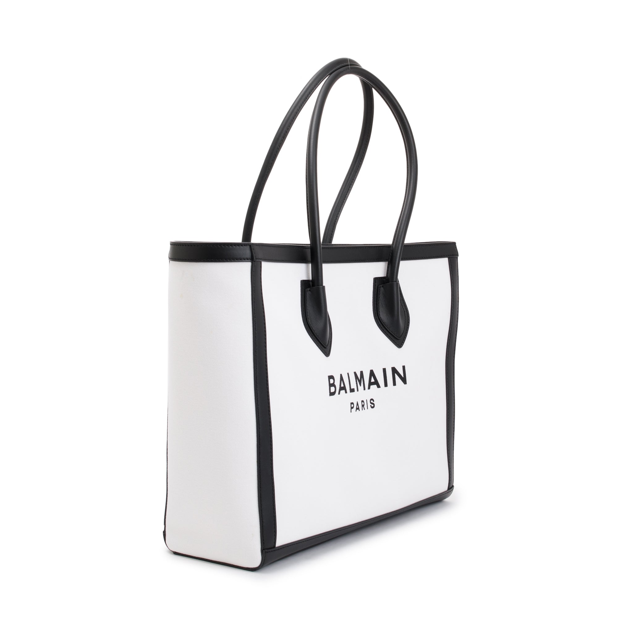 Balmain White Canvas Black Leather Trimmed B-Army 42 Logo Tote w/ Box