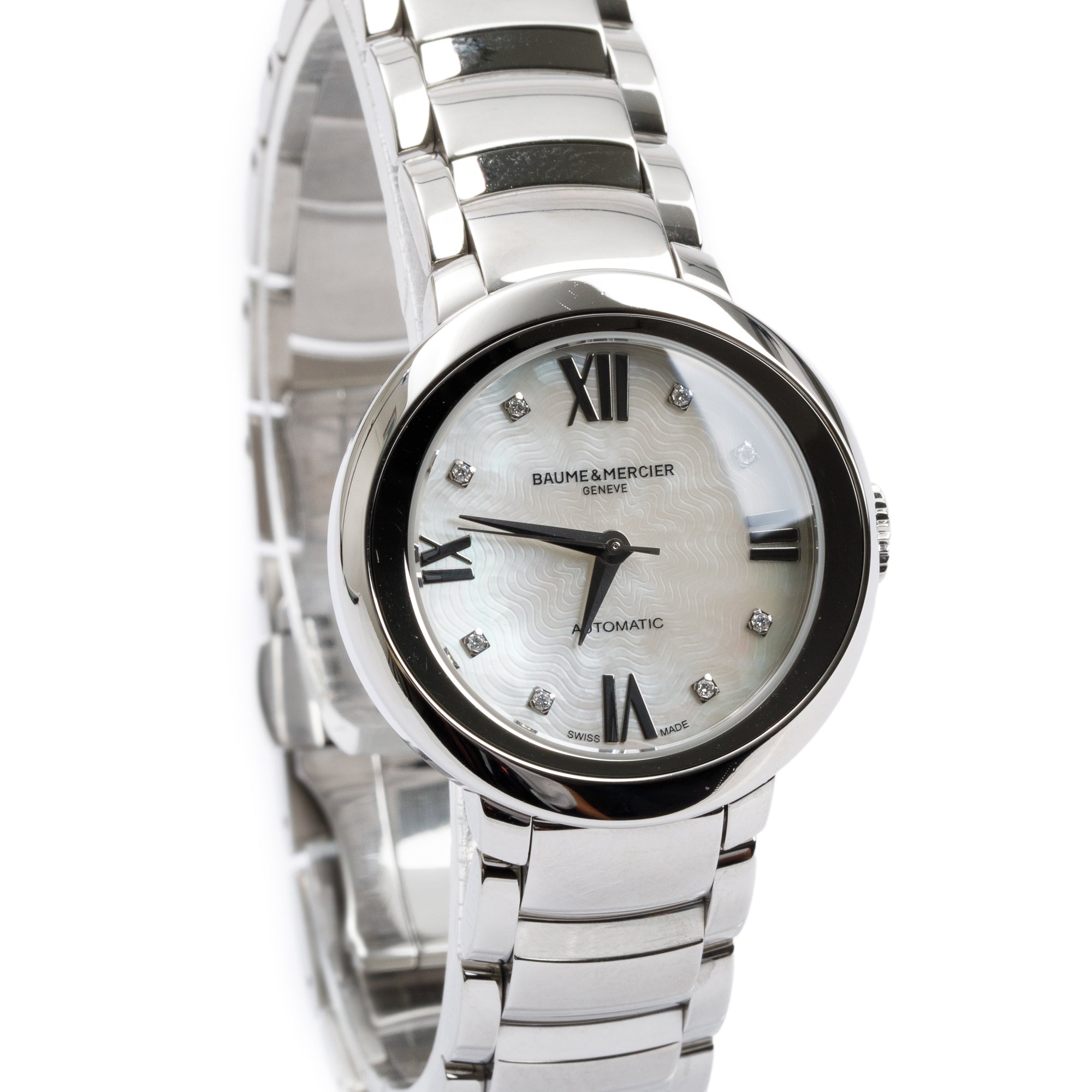 Baume & Mercier Stainless Steel Mother of Pearl Diamond Dial Promesse 30 MM Automatic Watch w/ Box & Papers