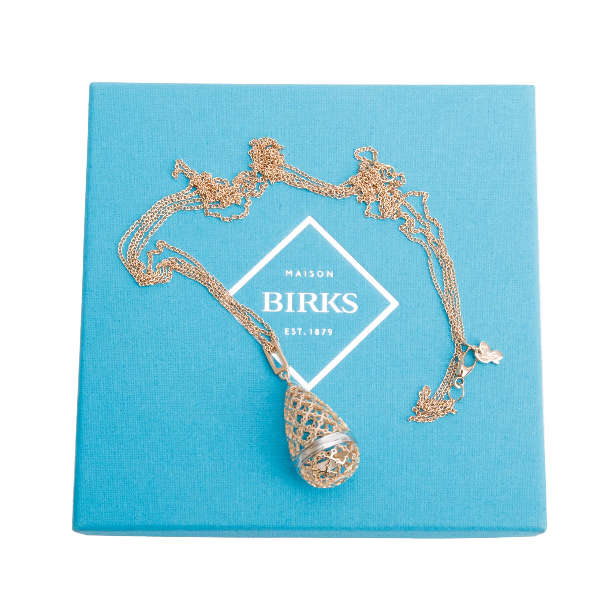 Birks 18k Rose & White Gold Cage Pendant Necklace w/ Box