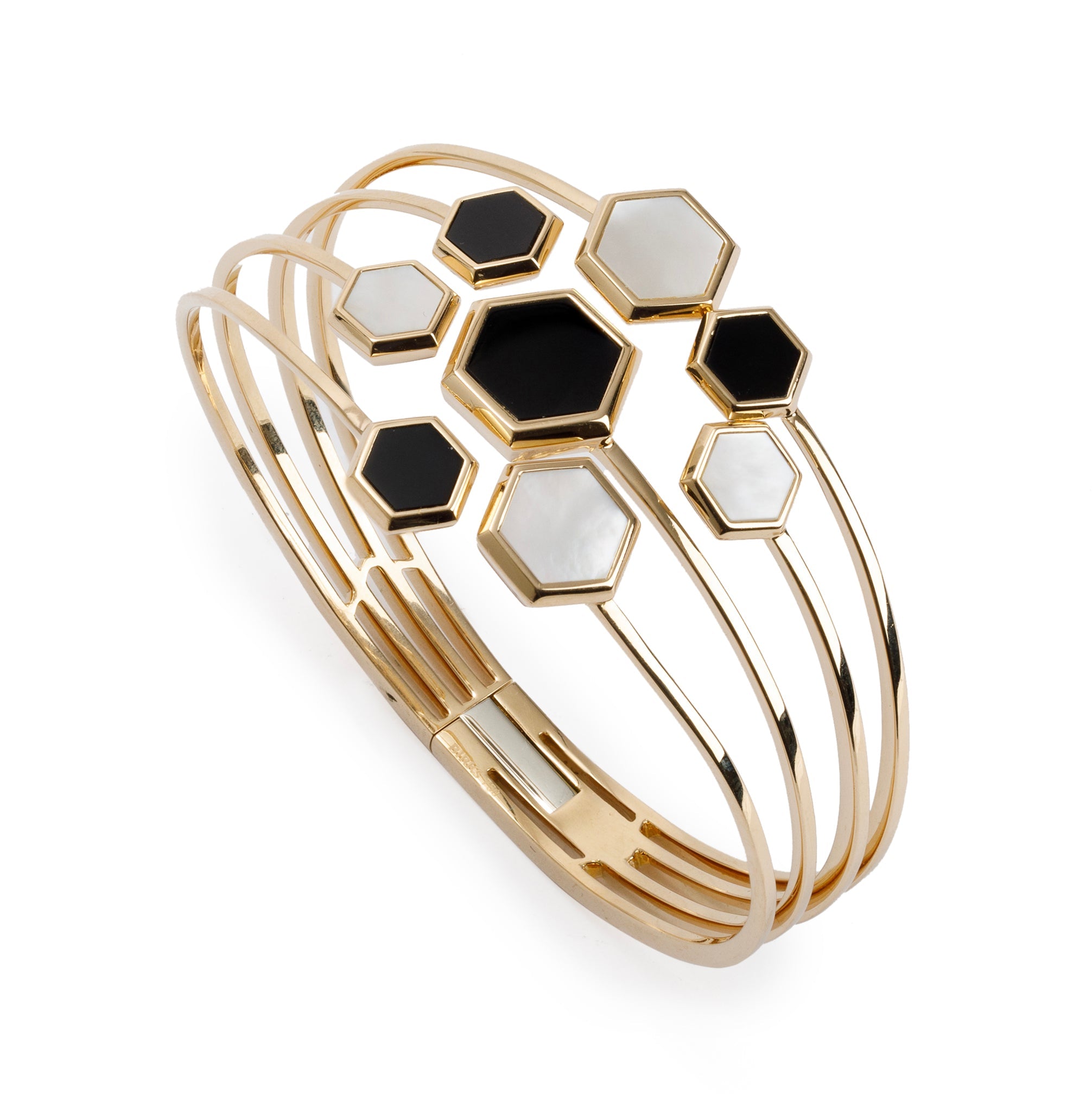 Birks 18k Yellow Gold Black Onyx & Mother of Pearl Hinged Bangle Bracelet