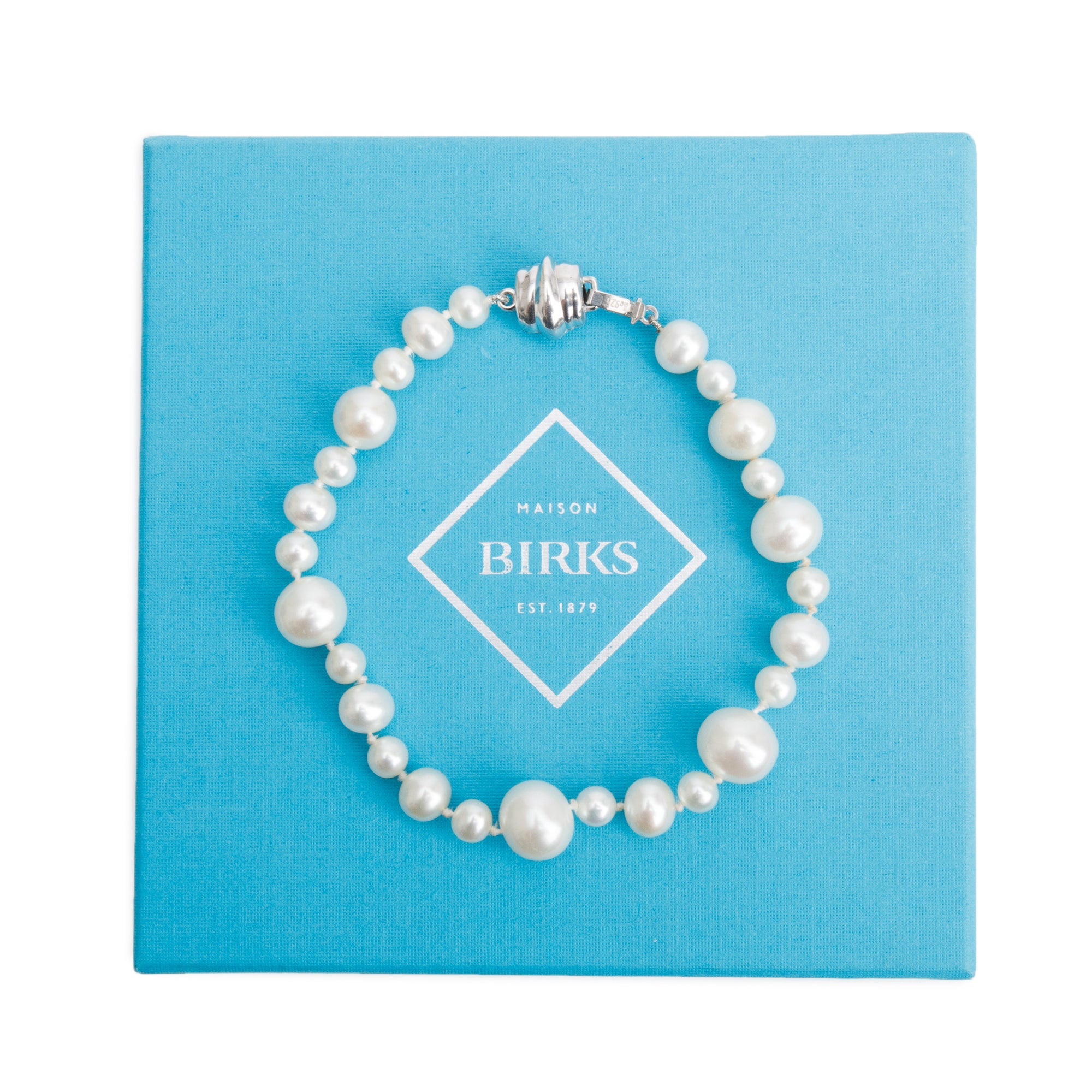 Birks Sterling Silver Graduated Pearl Bracelet w/ Box