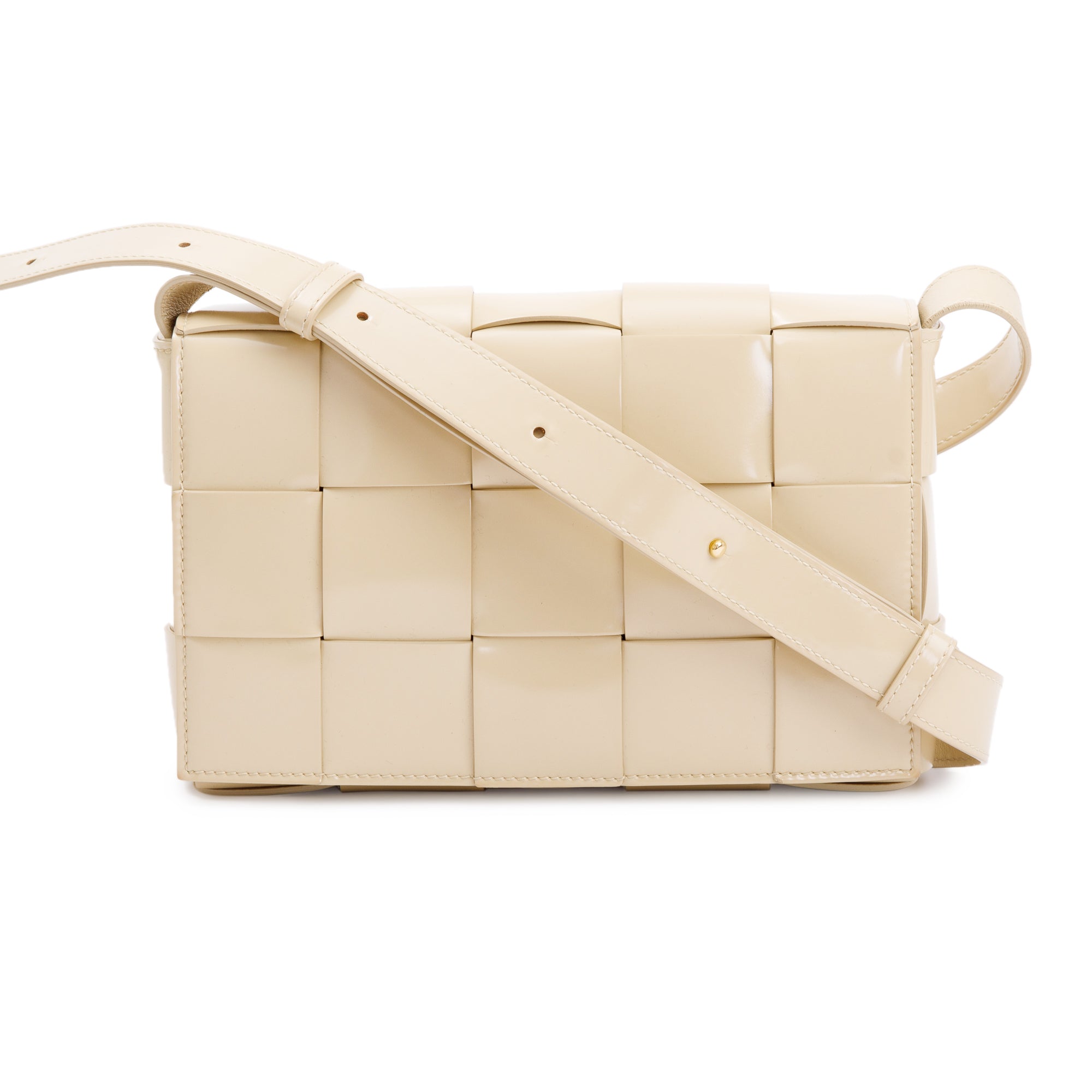 Bottega Veneta Beige Patent Leather Intrecciato Cassette Bag
