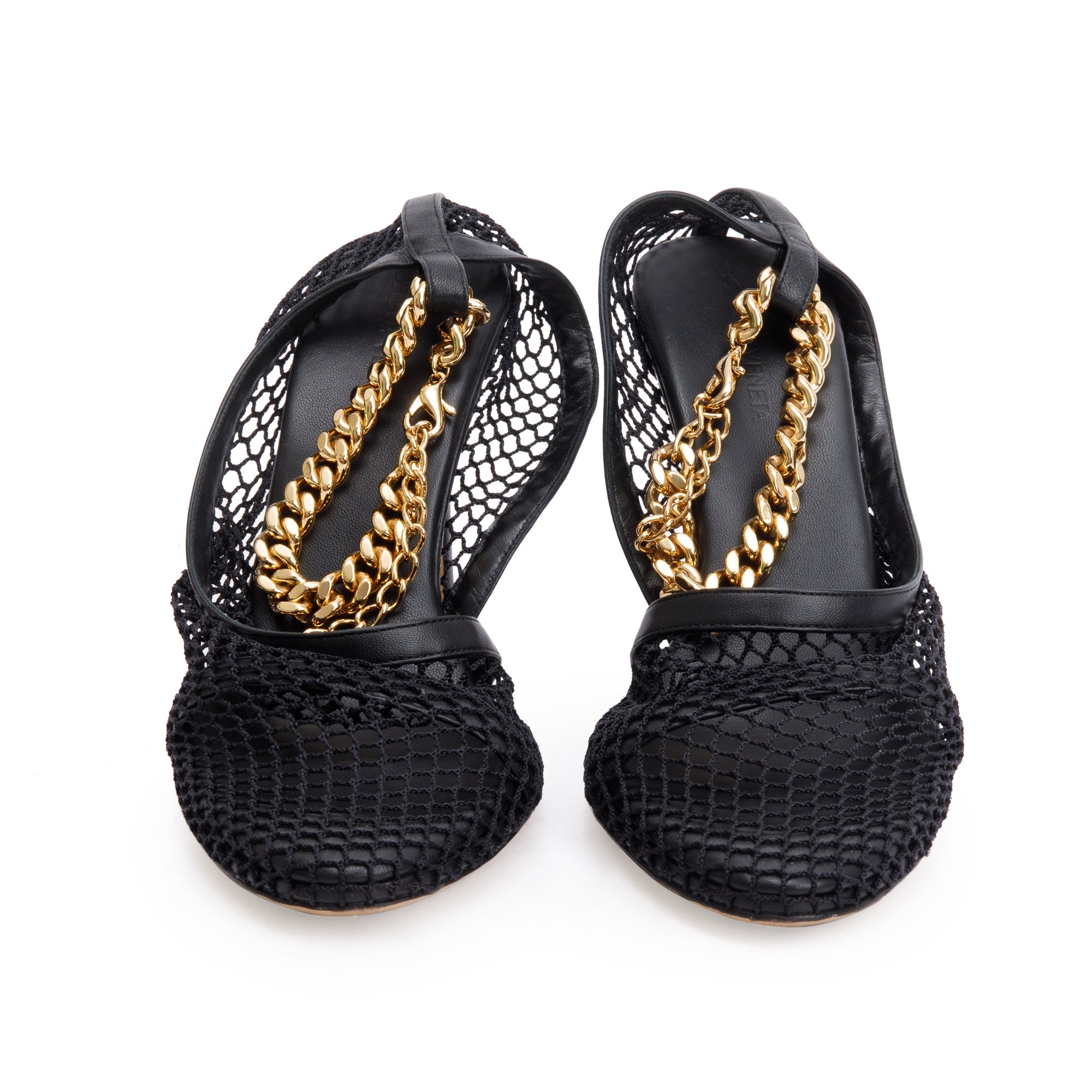 Bottega Veneta Black Leather Mesh Chain Accent Tex Sandal Pumps, Size 39 w/ Box