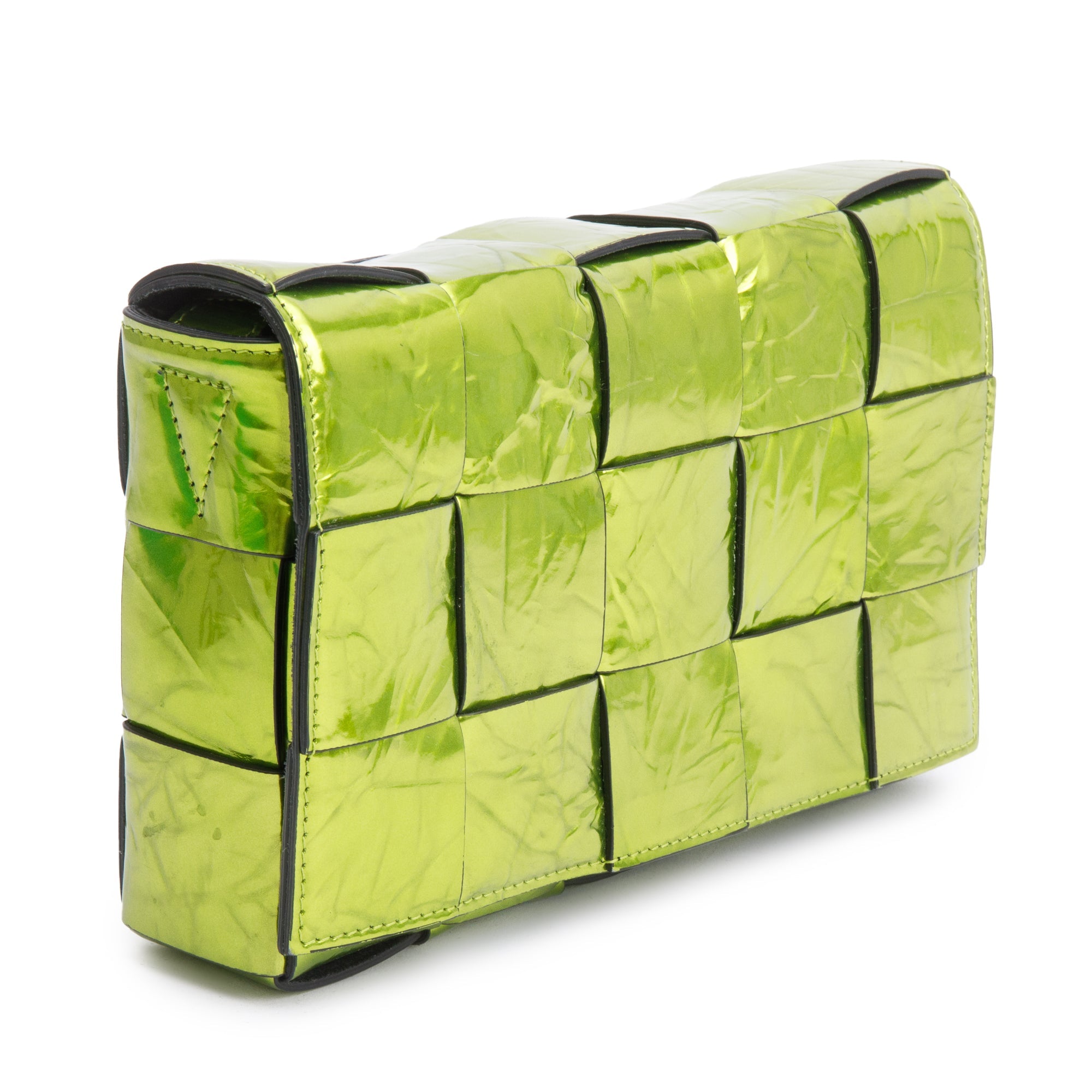 Bottega Veneta Green Metallic Crushed Calfskin Maxi Intrecciato Leather Cassette Bag w/ Box