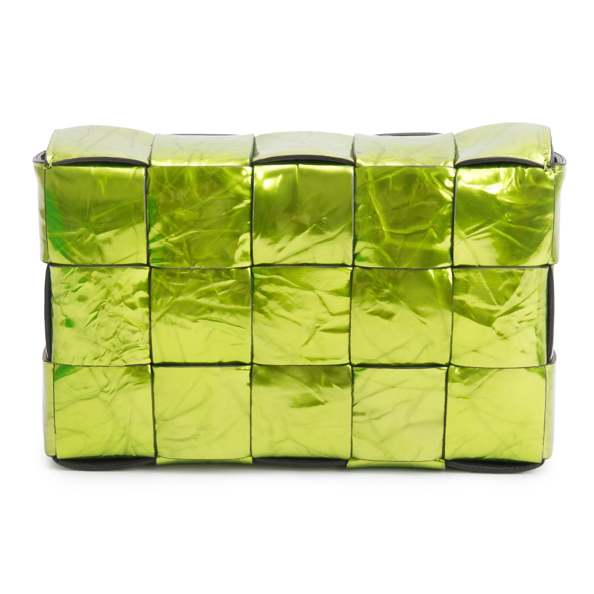 Bottega Veneta Green Metallic Crushed Calfskin Maxi Intrecciato Leather Cassette Bag w/ Box