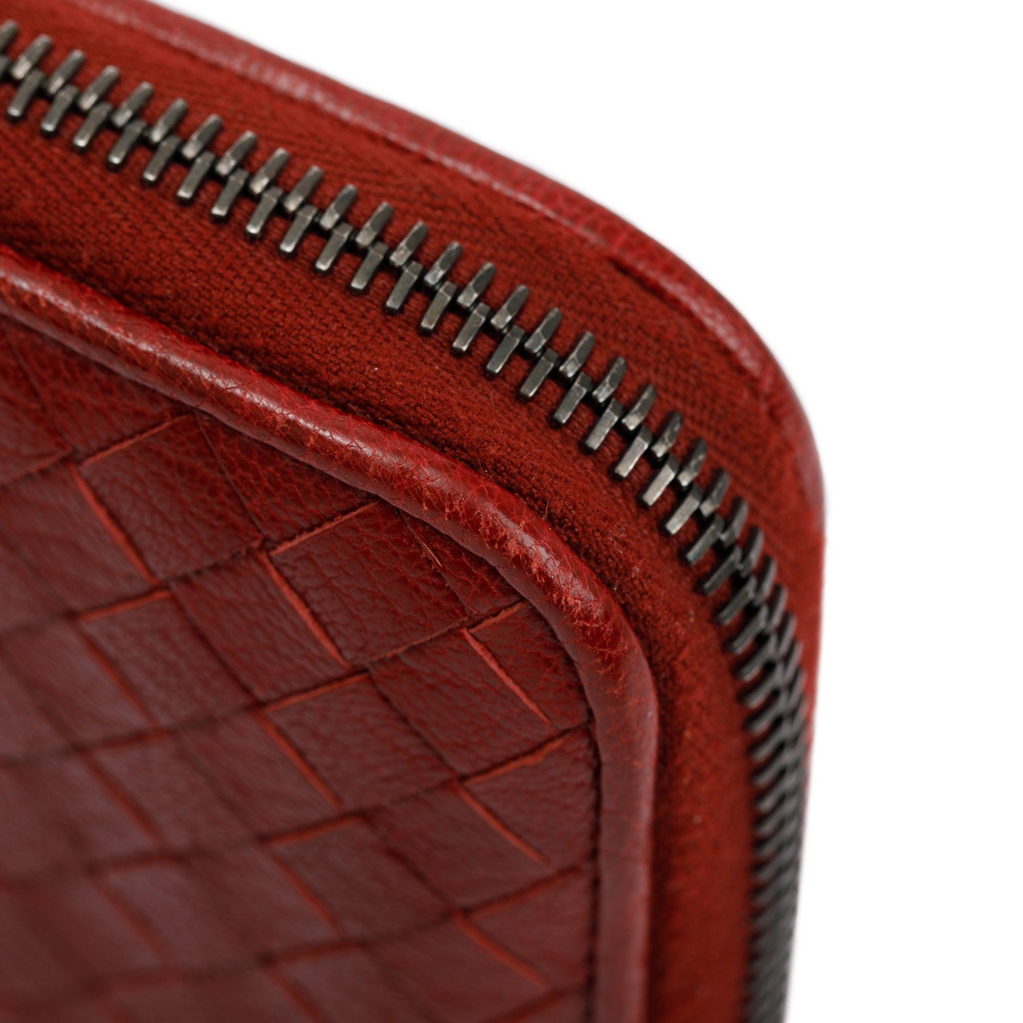 BOTTEGA VENETA★ Red Leather Intercciaco Zip Around Wallet Bottega Veneta Red Intrecciato Leather Zip Around Wallet