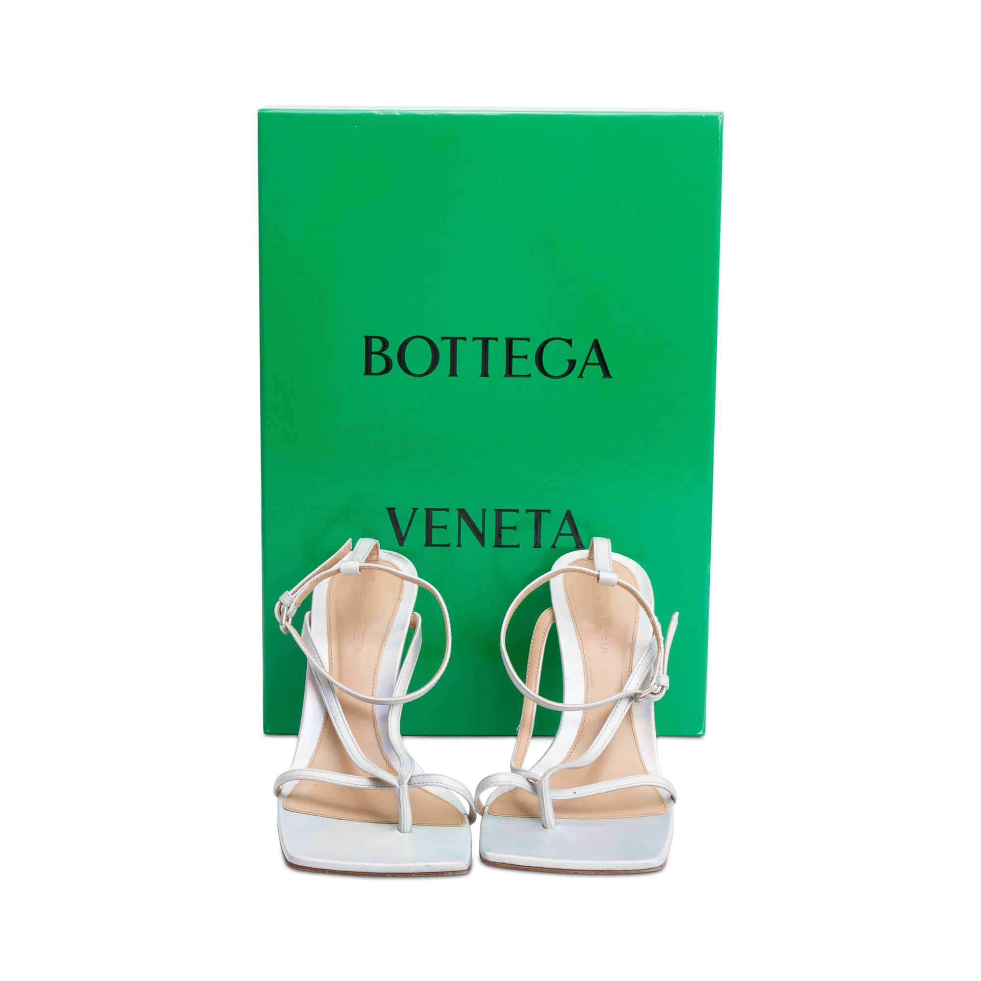 Bottega Veneta Silver Iridescent Nappa Stretch Strap Sandals, Size 37.5 w/ Box