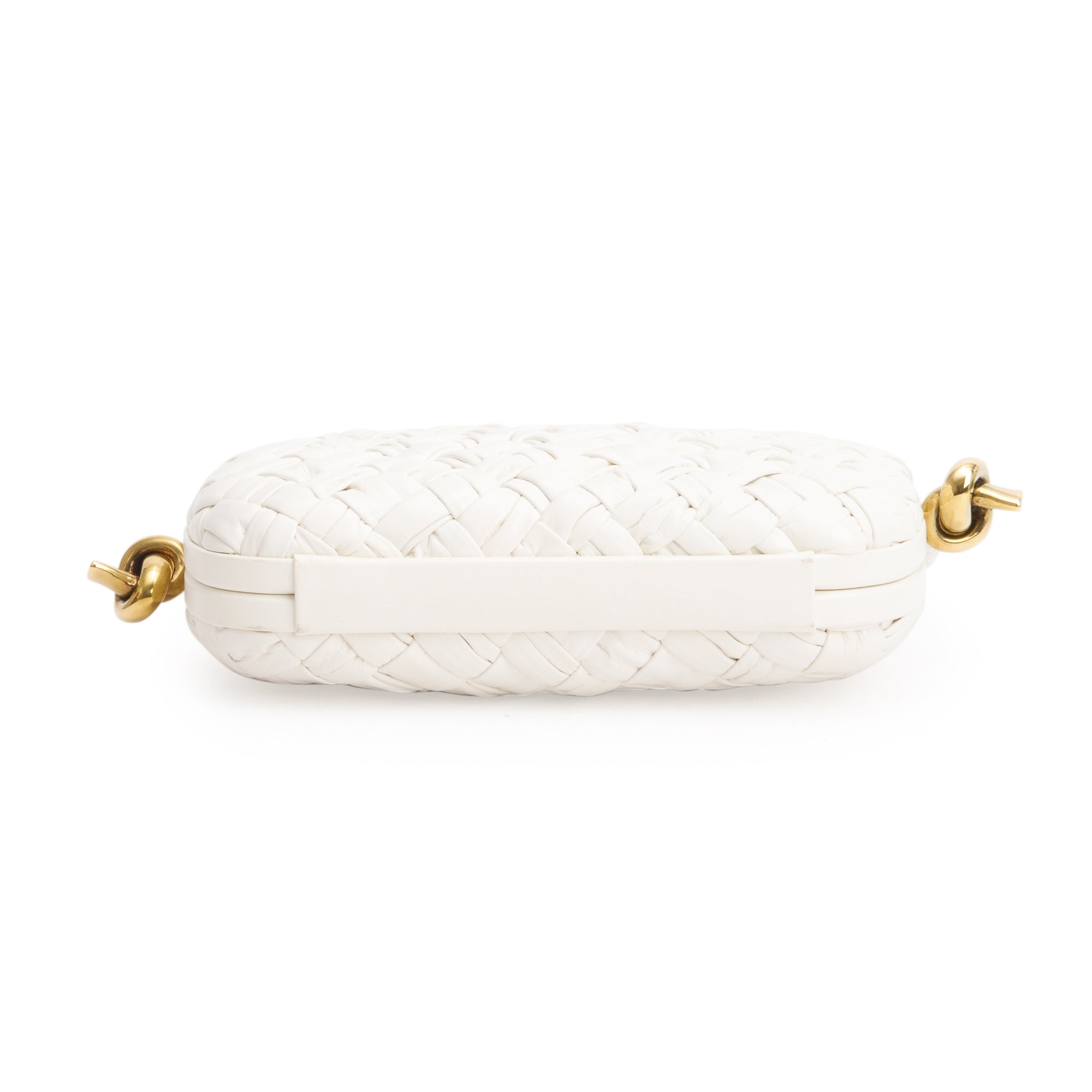 Bottega Veneta White Intreccio-Woven Leather Mini Loop Metal Knots On Strap Clutch Bag w/ Box