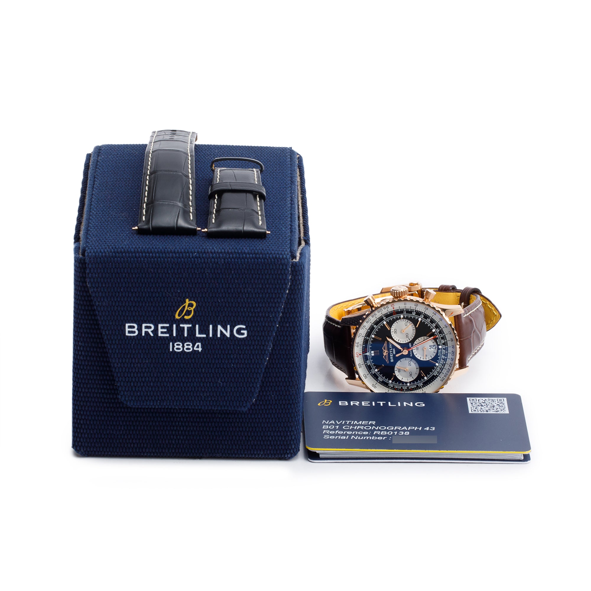 Breitling 18k Rose Gold Navitimer B01 43 MM Automatic Chronograph Watch Black Dial RB0138 w/ Box, Papers & Extra Strap