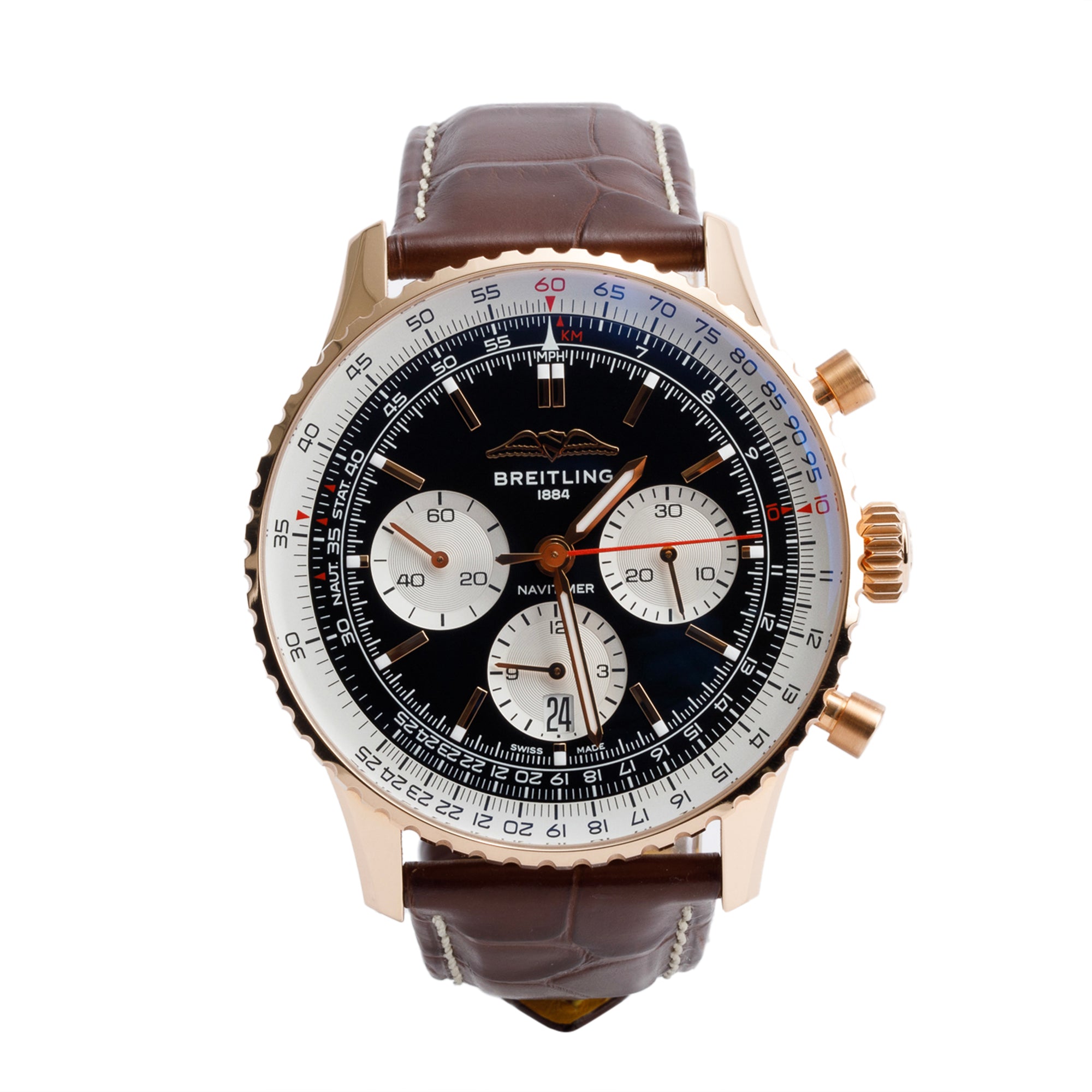 Breitling 18k Rose Gold Navitimer B01 43 MM Automatic Chronograph Watch Black Dial RB0138 w/ Box, Papers & Extra Strap