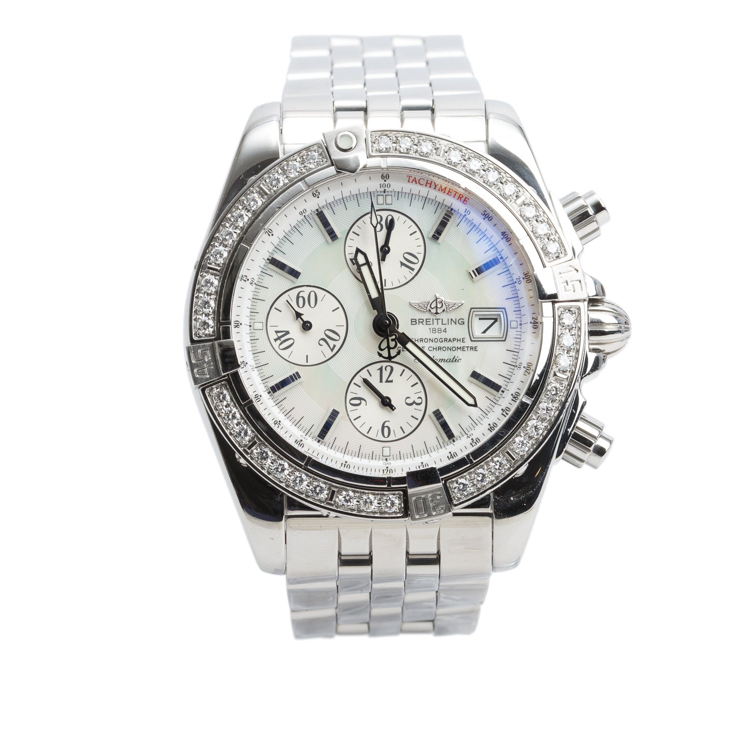 Breitling Stainless Steel Diamond Bezel Chronomat Evolution 44 MM Automatic Chronograph Watch Mother of Pearl Dial A13356