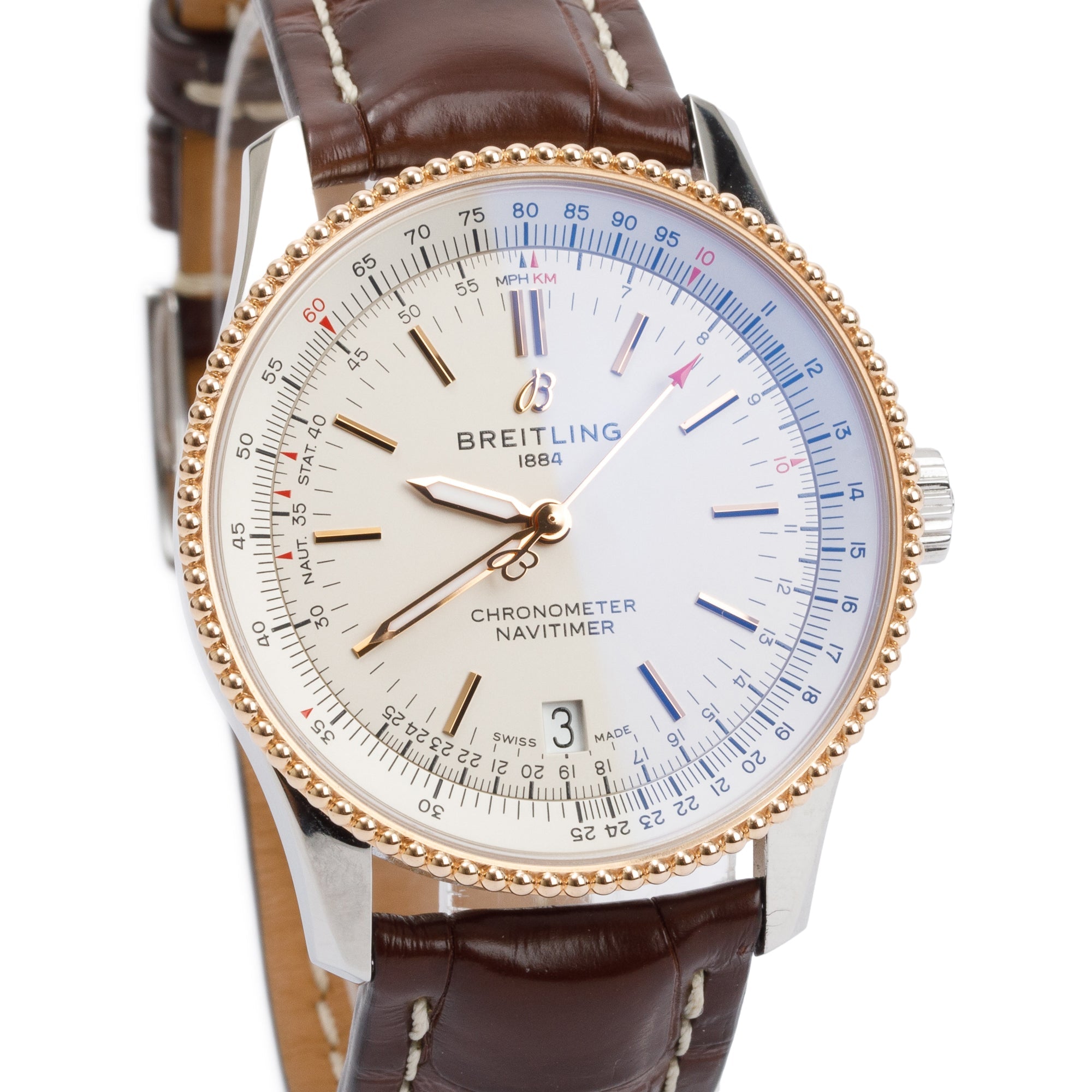 Breitling Stainless Steel & 18k Rose Gold Navitimer 38 MM Automatic Watch w/ Box & Papers