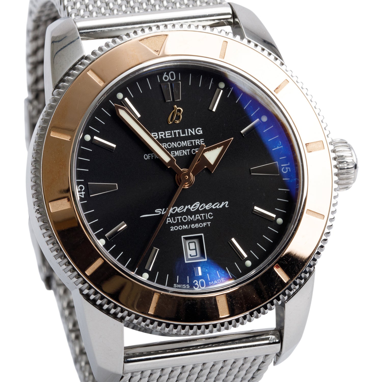 Breitling Stainless Steel & 18k Rose Gold Superocean Heritage 46 MM Automatic Watch Black Dial U17320