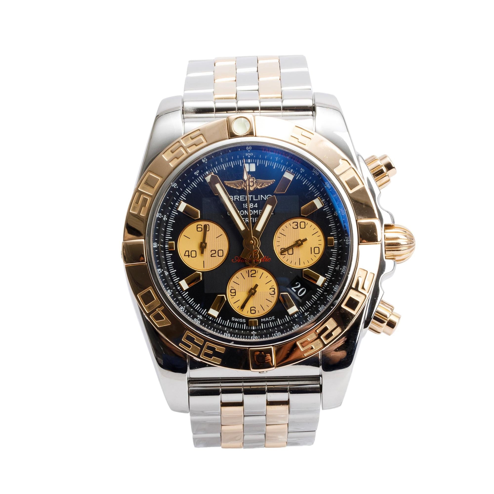 Breitling Stainless Steel & 18k Yellow Gold Chronomat 44 MM Automatic Chronograph Black Dial Watch CB0110 w/ Box & Papers