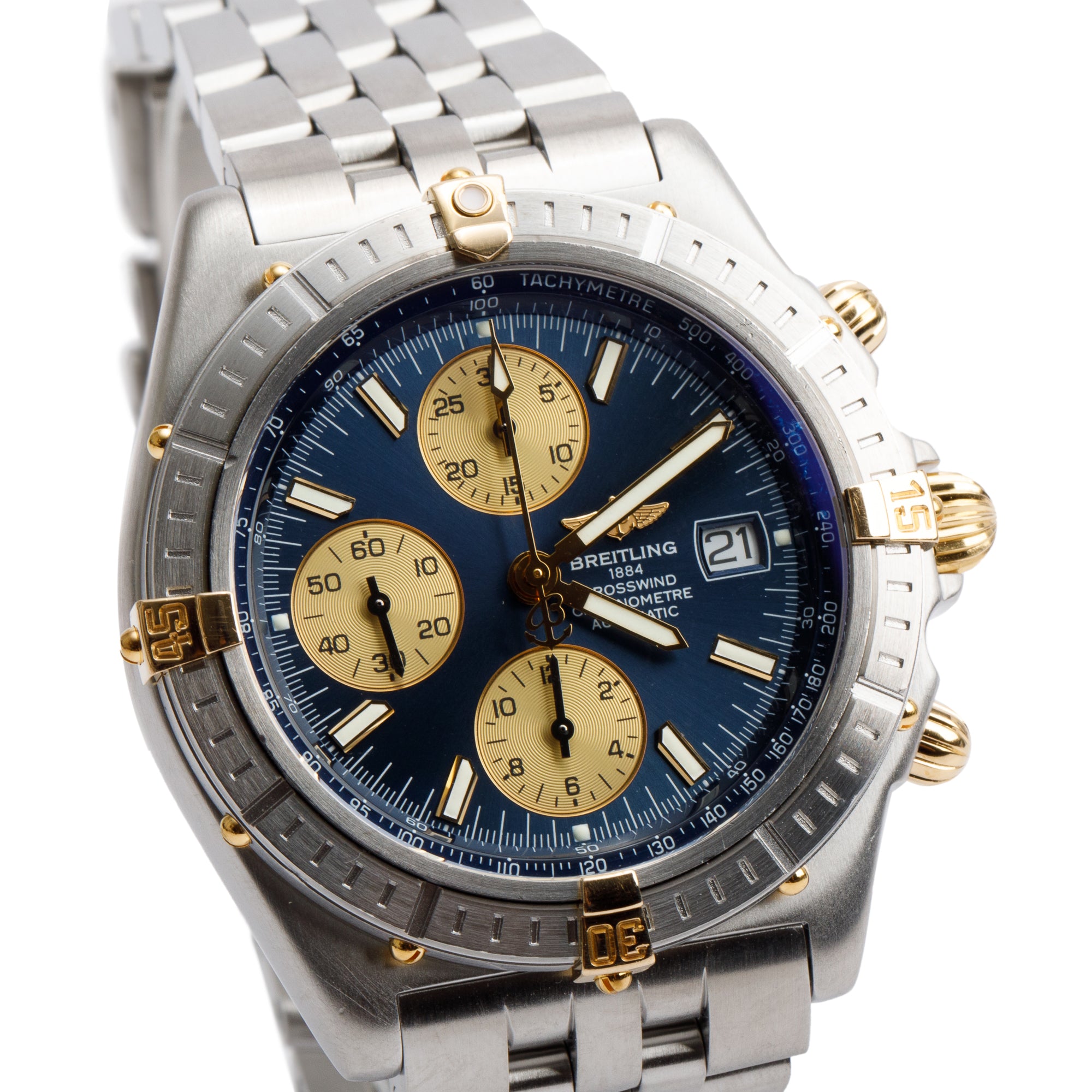 Breitling Stainless Steel & 18k Yellow Gold Crosswind 43 MM Automatic Chronograph Watch Blue Dial B13355 w/ Case
