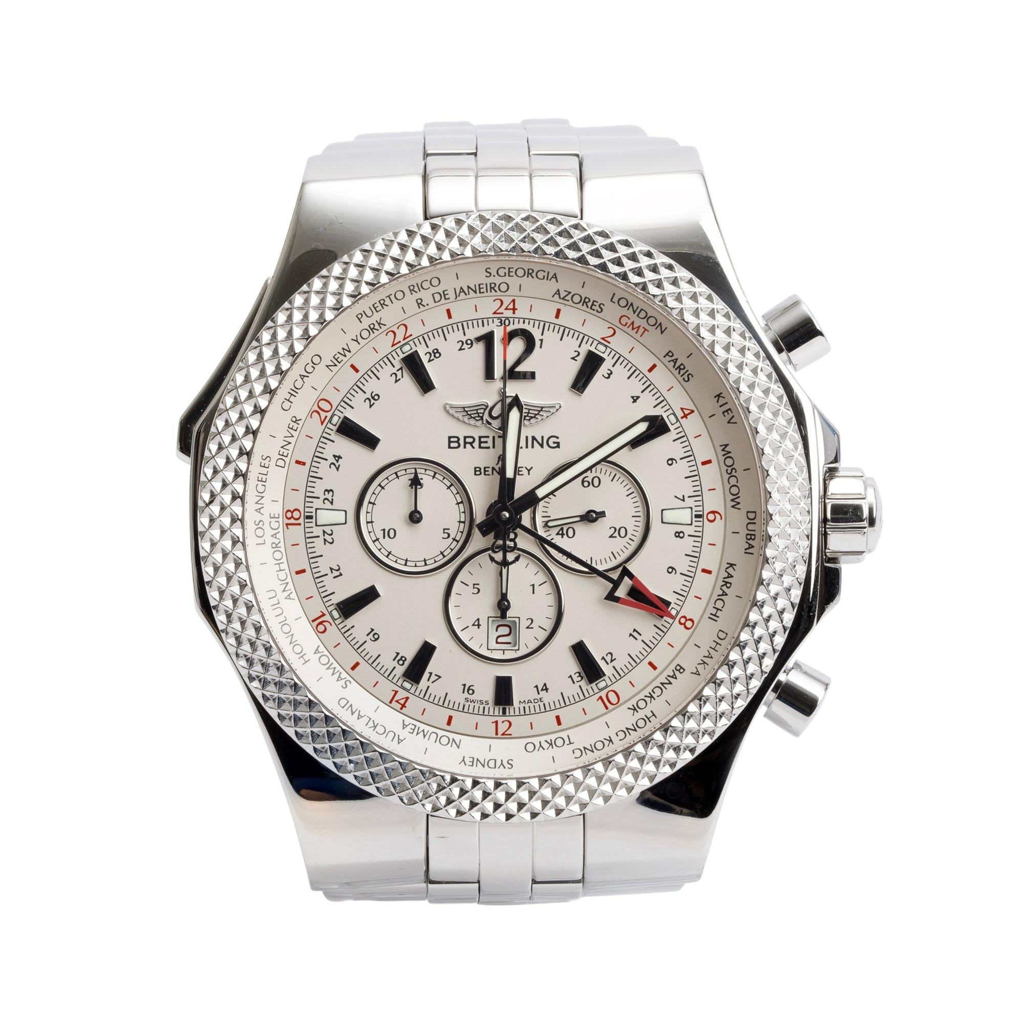Breitling Stainless Steel Bentley GMT 49 MM Automatic Chronograph White Dial Watch A47362 w/ Box & Papers