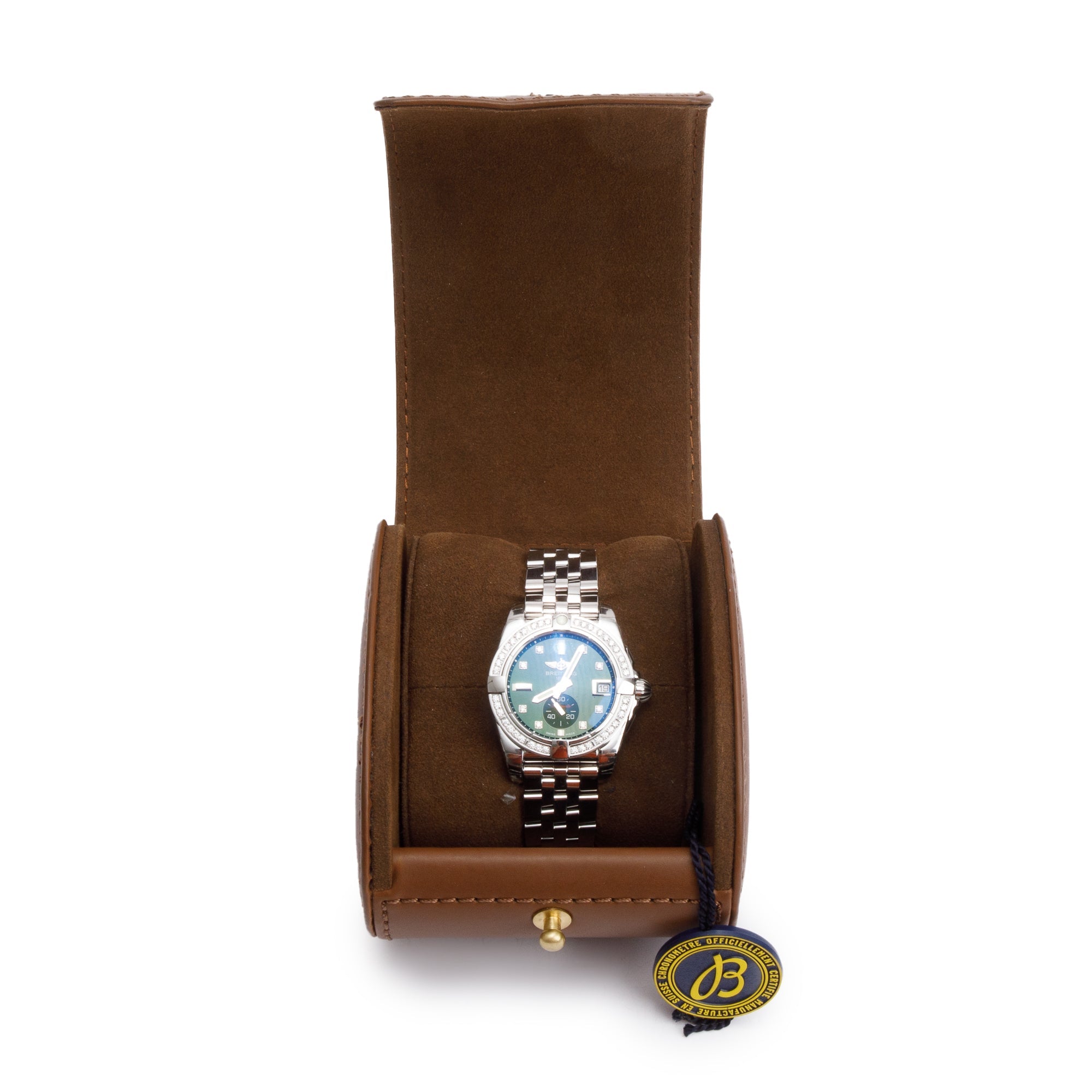 Breitling Stainless Steel Diamond Bezel & Shamrock Olive Green Diamond Dial Galactic 36 MM Automatic Watch w/ Box