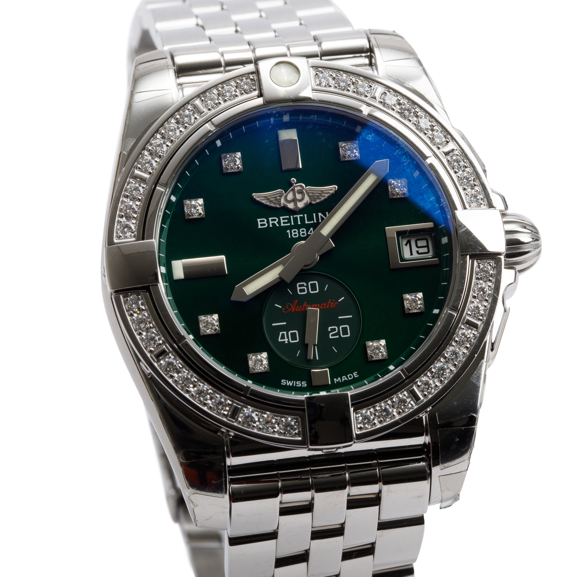 Breitling Stainless Steel Diamond Bezel & Shamrock Olive Green Diamond Dial Galactic 36 MM Automatic Watch w/ Box