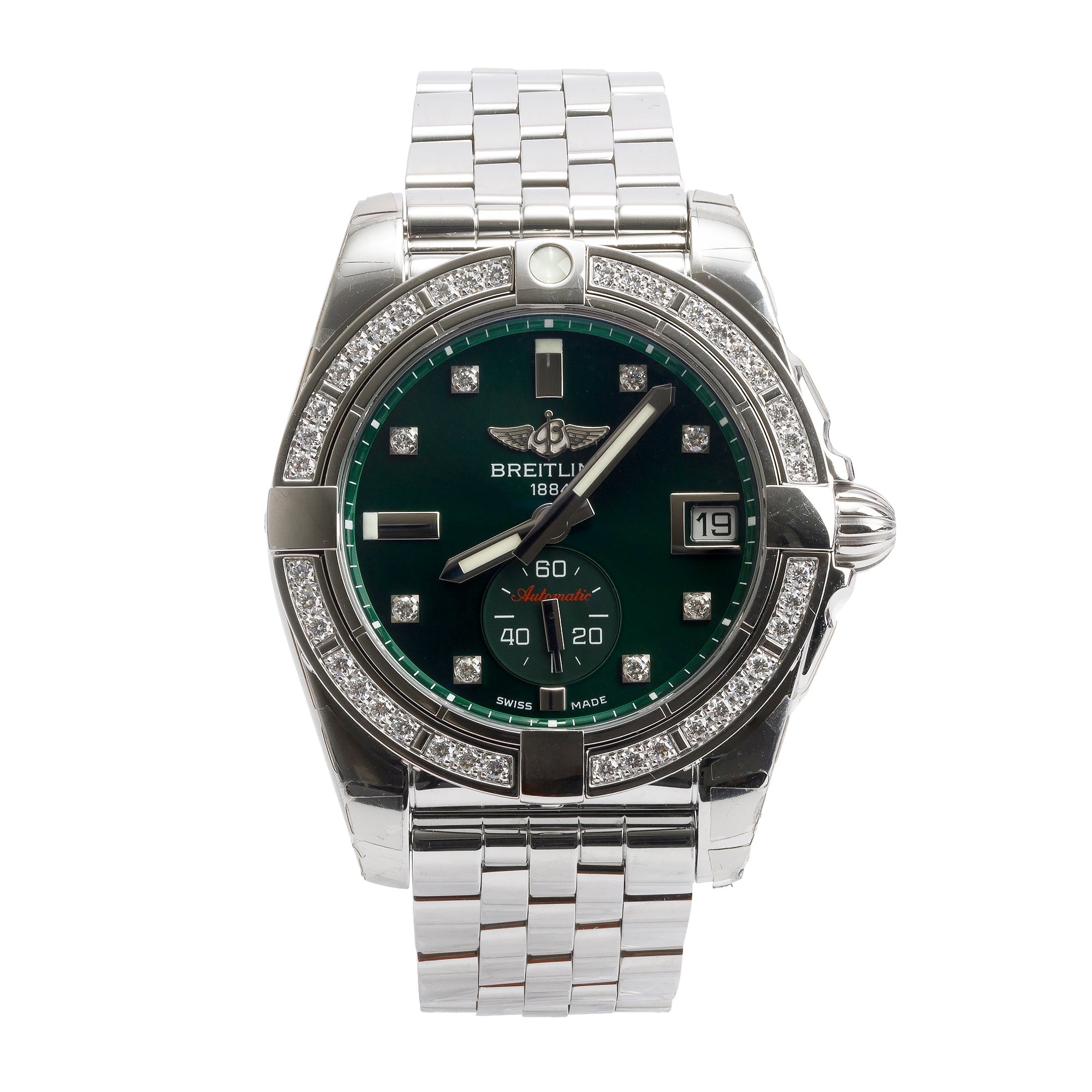 Breitling Stainless Steel Diamond Bezel & Shamrock Olive Green Diamond Dial Galactic 36 MM Automatic Watch w/ Box