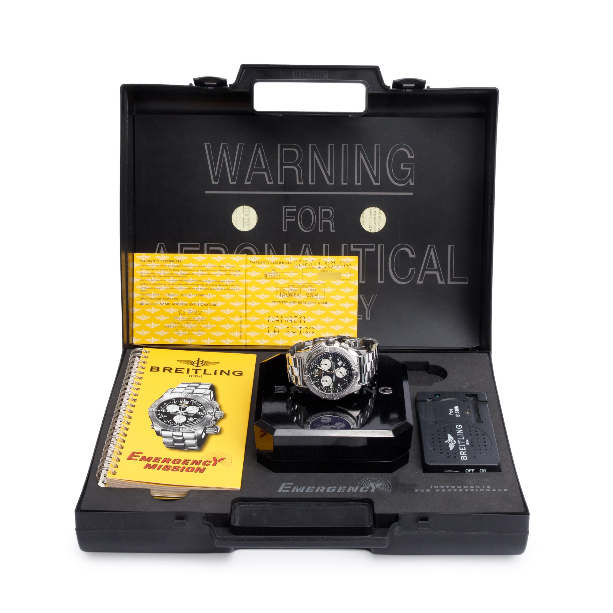Breitling Stainless Steel Emergency Mission 43 MM Chronograph Quartz Watch A73321 w/ Box & Papers