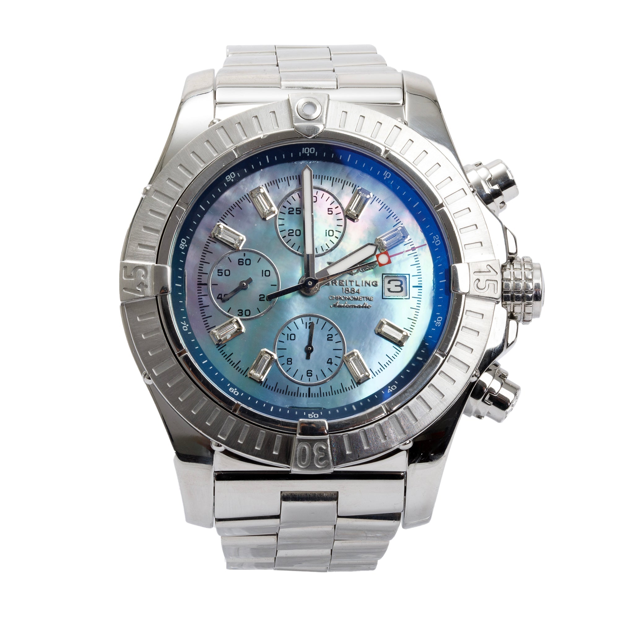 Breitling Stainless Steel NHLPA Super Avenger 48 MM Automatic Chronograph Watch w/ Mother of Pearl Diamond Dial