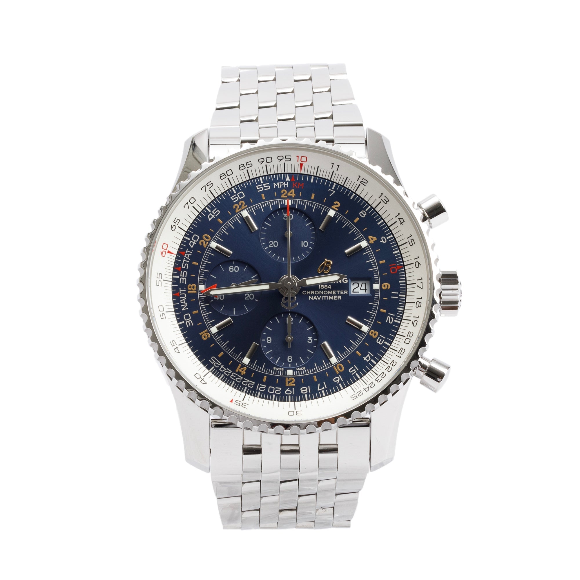 Breitling Stainless Steel Navitimer World GMT 46 MM Automatic Watch w/ Box, Papers & Extra Leather Band