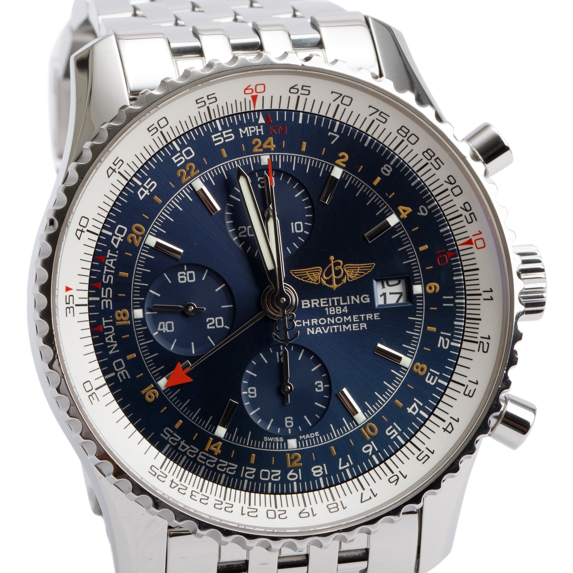 Breitling Stainless Steel Navitimer World GMT 46 MM Chronograph Automatic Watch A24322 w/ Box, Papers & Extra Strap