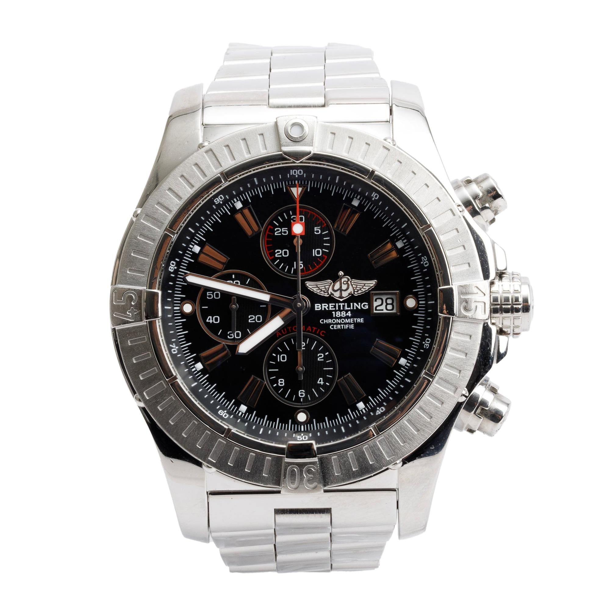 Breitling Stainless Steel Super Avenger 48 MM Automatic Chronograph Watch Black Dial A13370 w/ Box & Papers