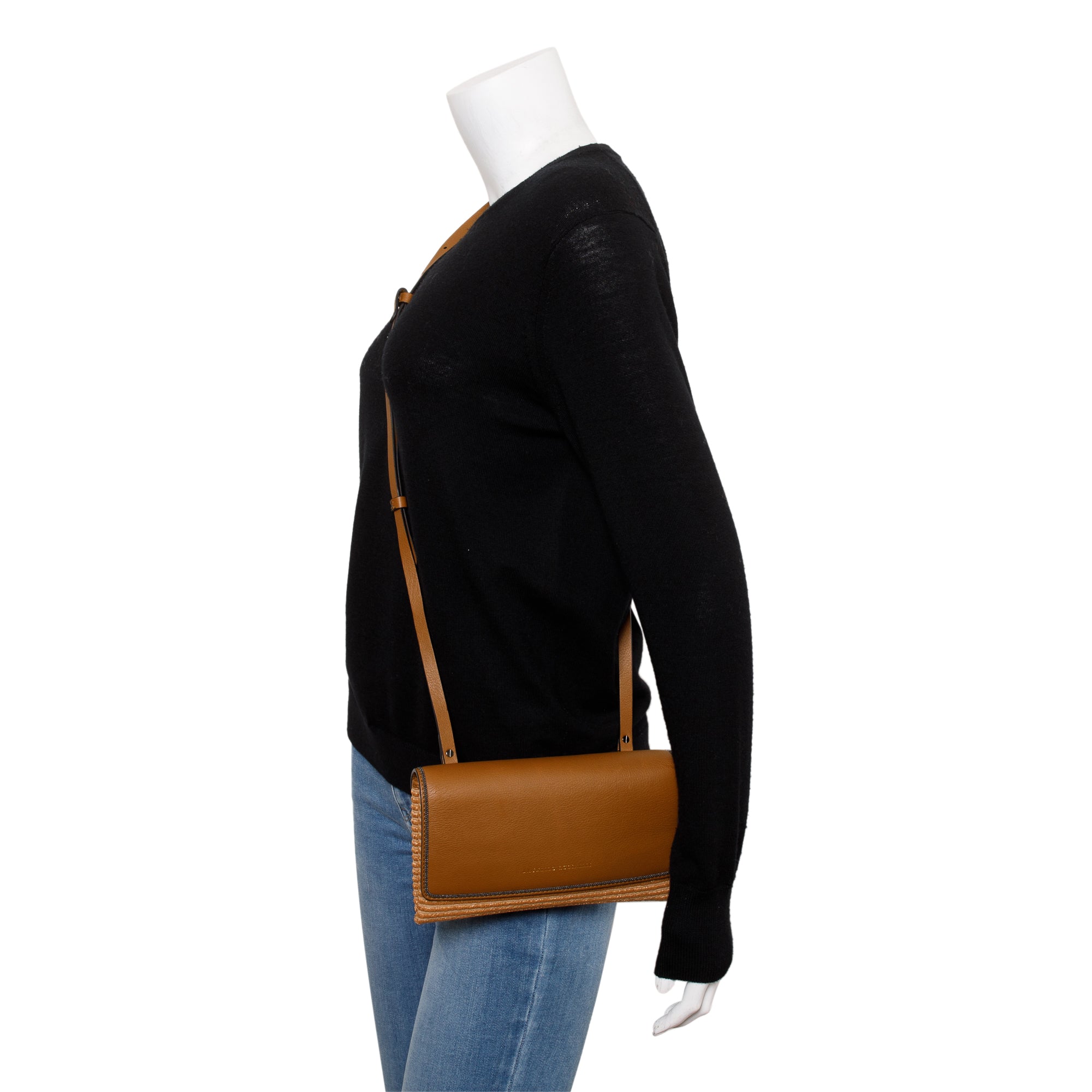 Brunello Cucinelli Brown Leather Raffia Monili Flap Crossbody Bag