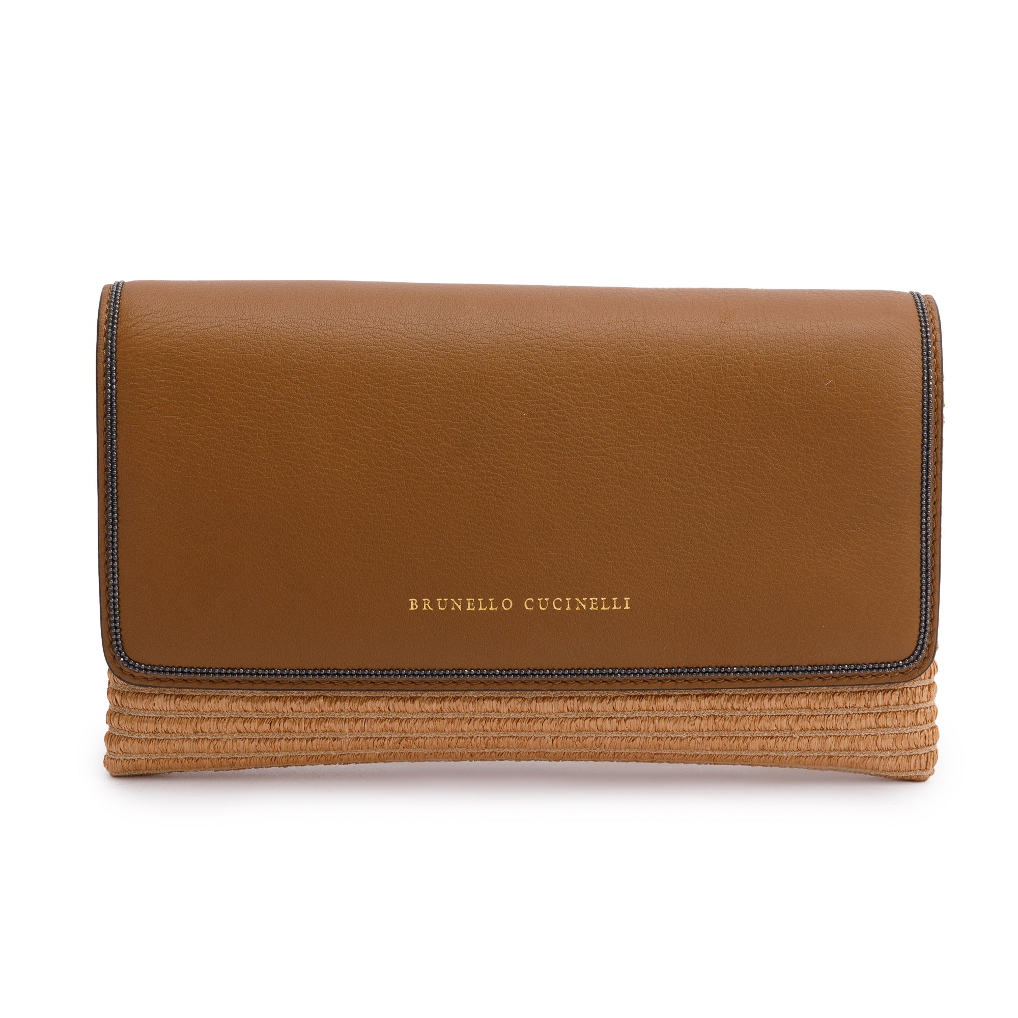 Brunello Cucinelli Brown Leather Raffia Monili Flap Crossbody Bag