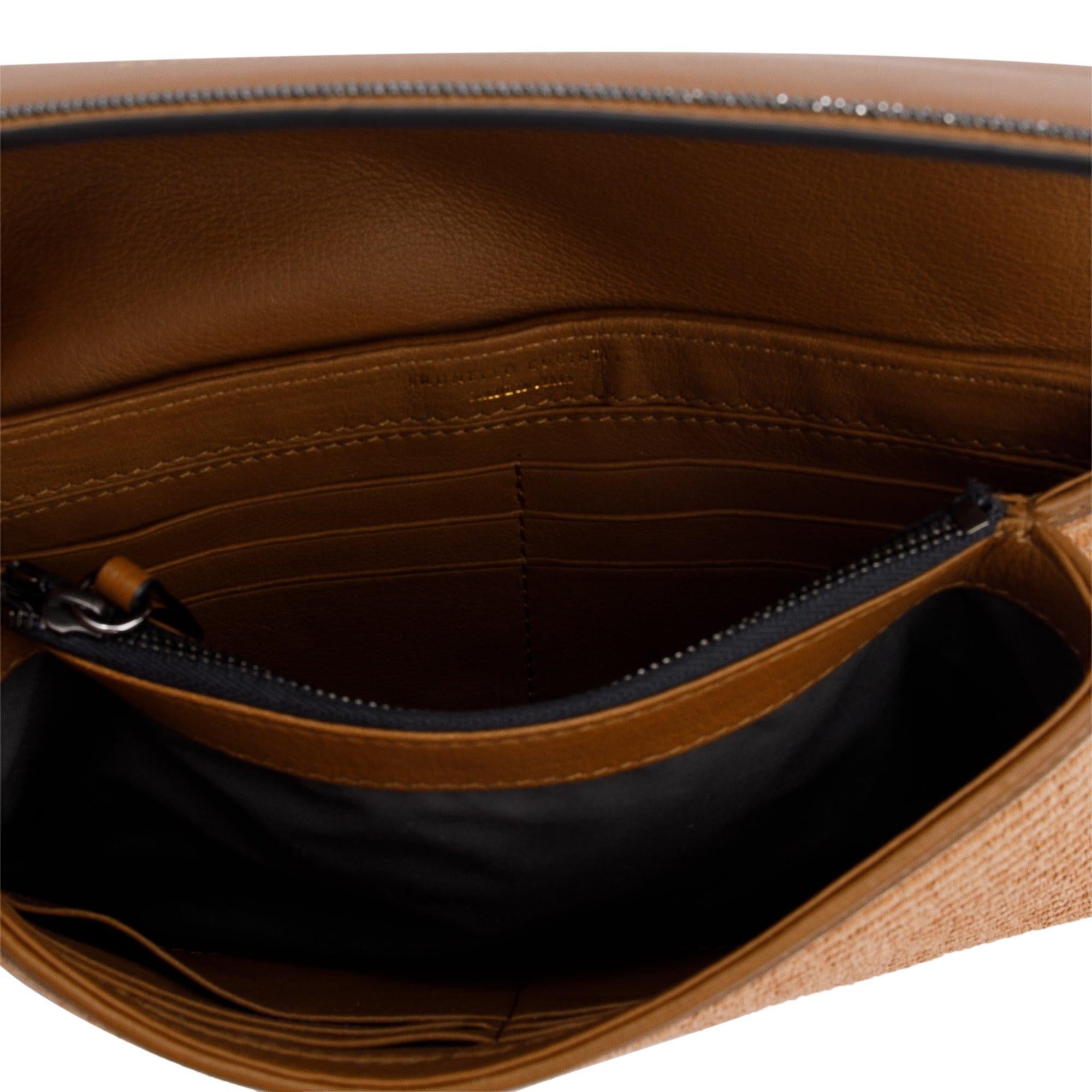 Brunello Cucinelli Brown Leather Raffia Monili Flap Crossbody Bag