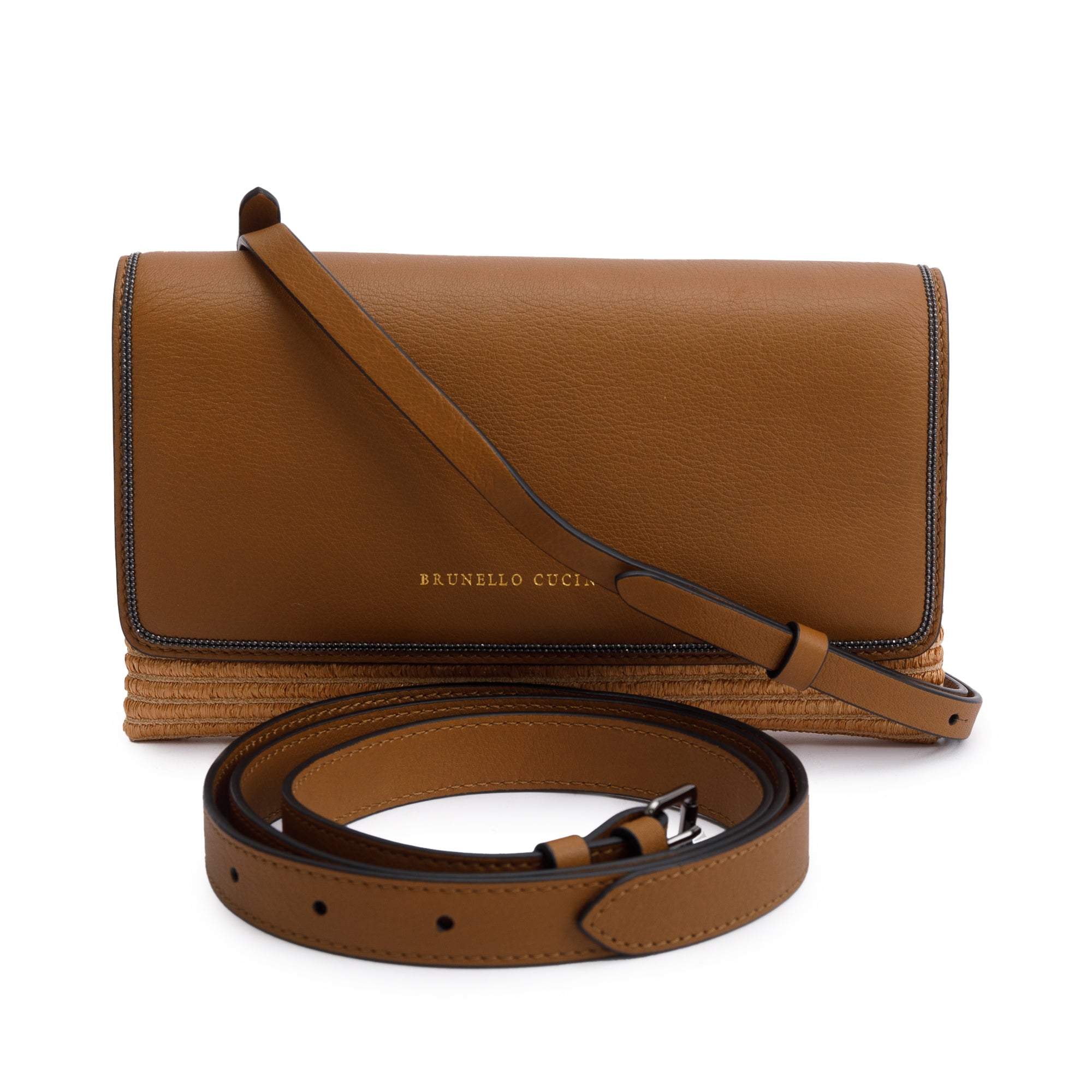 Brunello Cucinelli Brown Leather Raffia Monili Flap Crossbody Bag