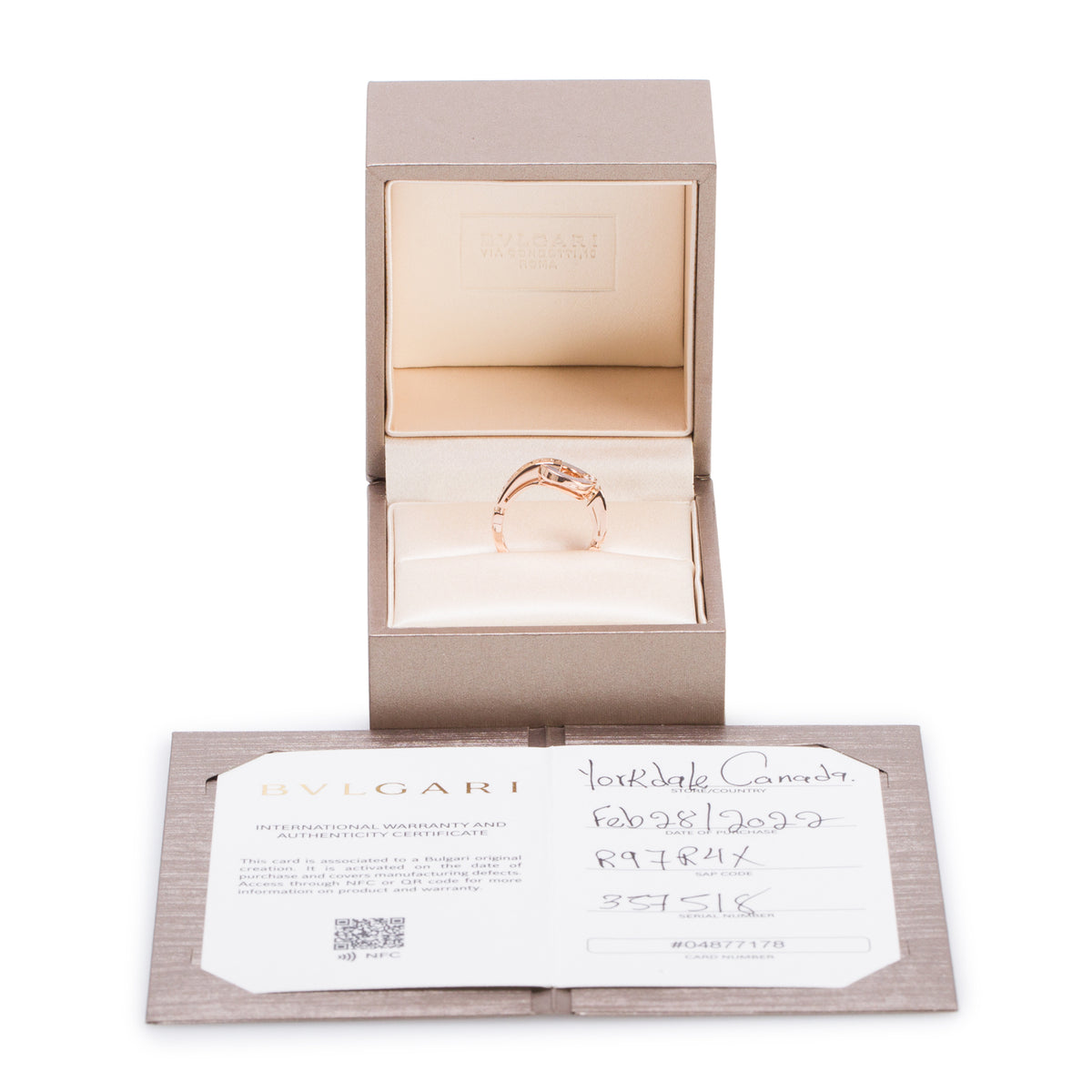 BVLGARI 2022 18k Rose Gold Diamond Mother of Pearl Bvlgari Ring, Size 48 4.5 w/ Box, Receipt & Certificate