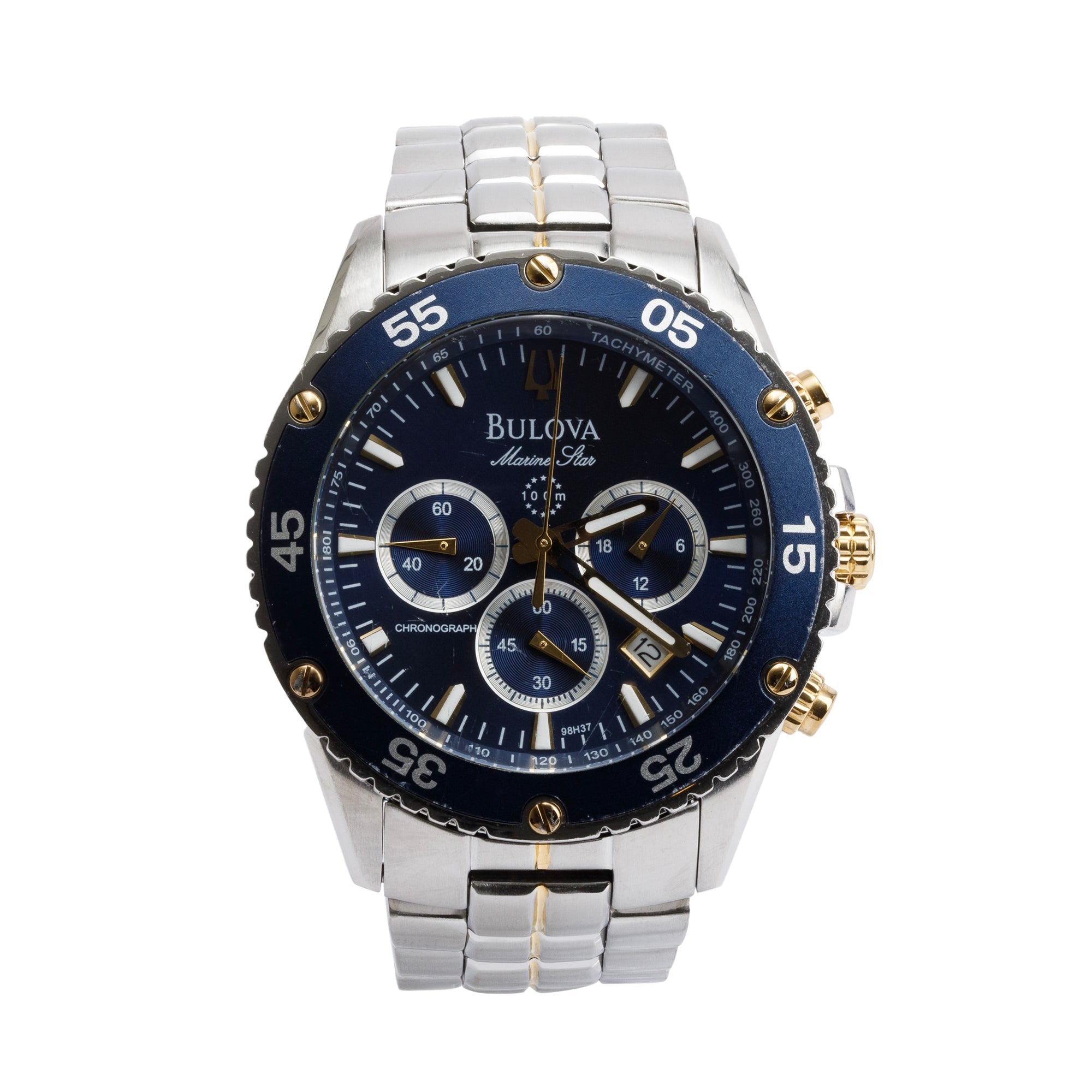 Bulova Gold Plated and Stainless Steel Marine Star 40 MM Chronograph Watch 98H37 w/ Box
