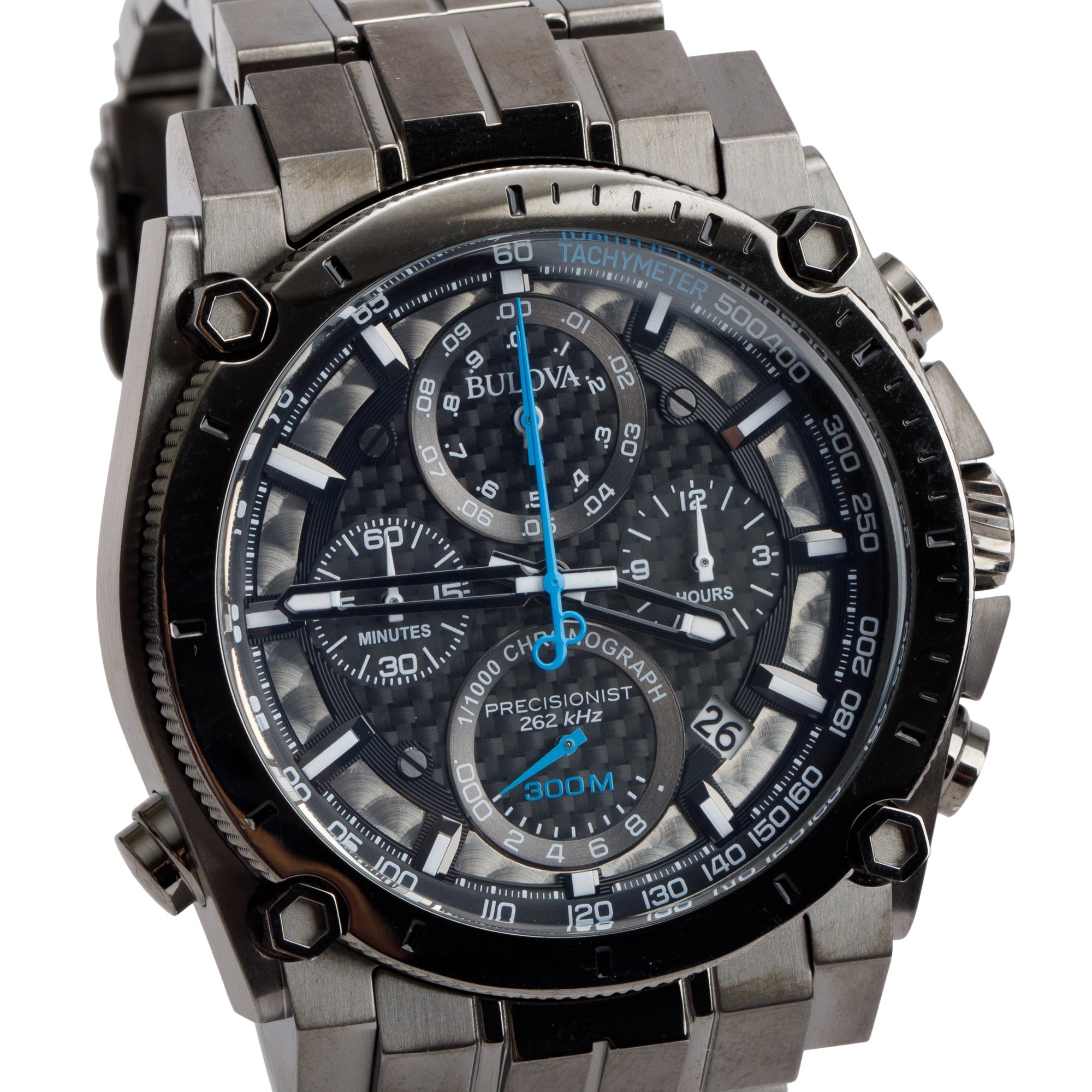 Bulova Grey PVD Stainless Steel Precisionist 46.5 MM Chronograph Quartz Watch 98B229 w/ Box