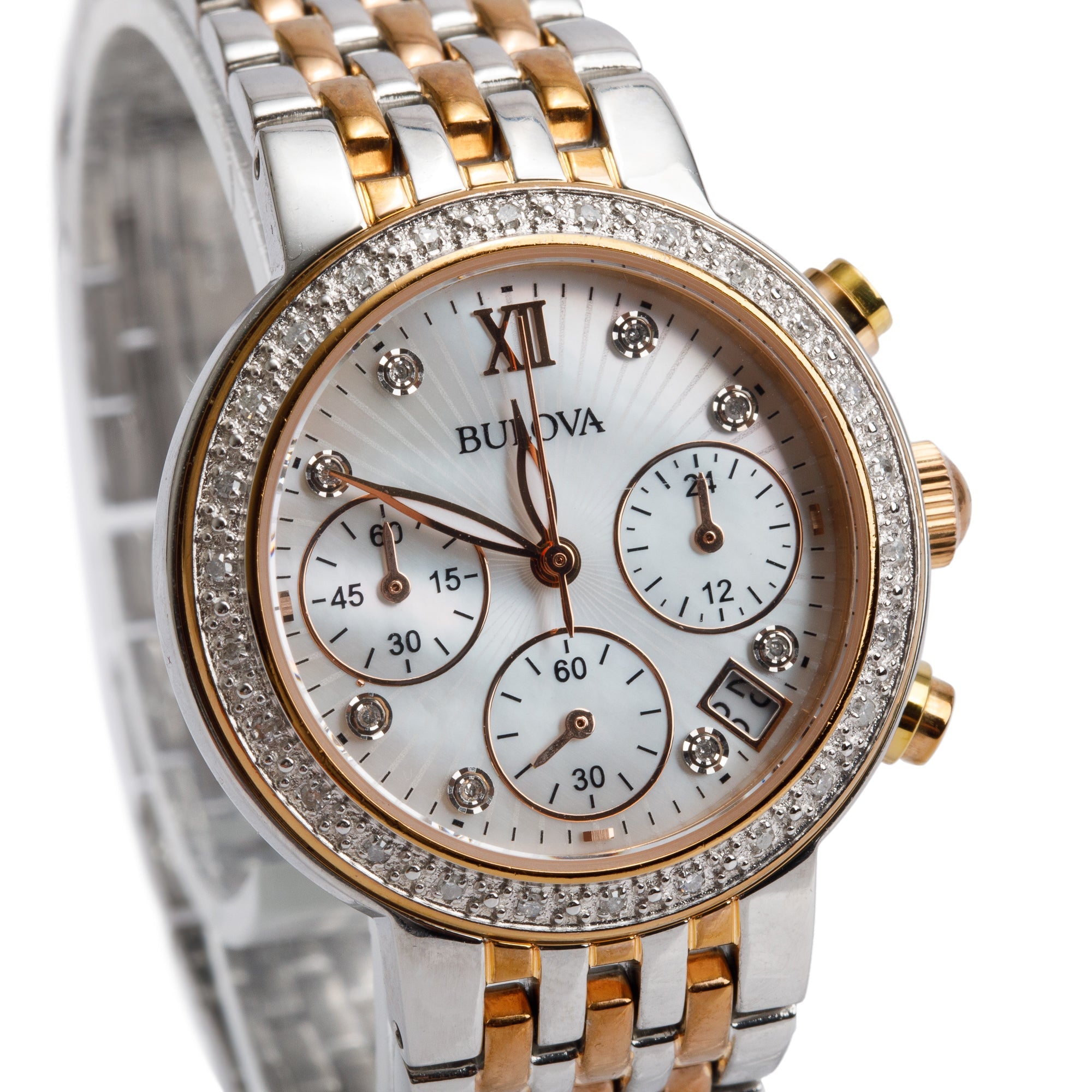 Bulova Rose Gold-Plated & Stainless Steel Diamond Maiden Lane 30 MM Chronograph Watch 98R215